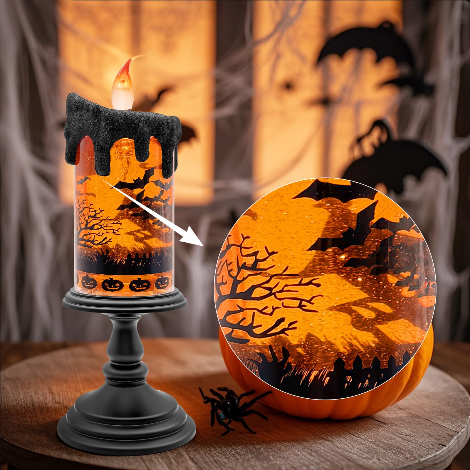Halloween Snow Globe Flameless Candle – Lighted Halloween Glitter Lantern with Spinning Water and Timer, Pumpkin & Bat Scene Halloween Decor for Home, Party, Table Centerpiece - Halloween Happy