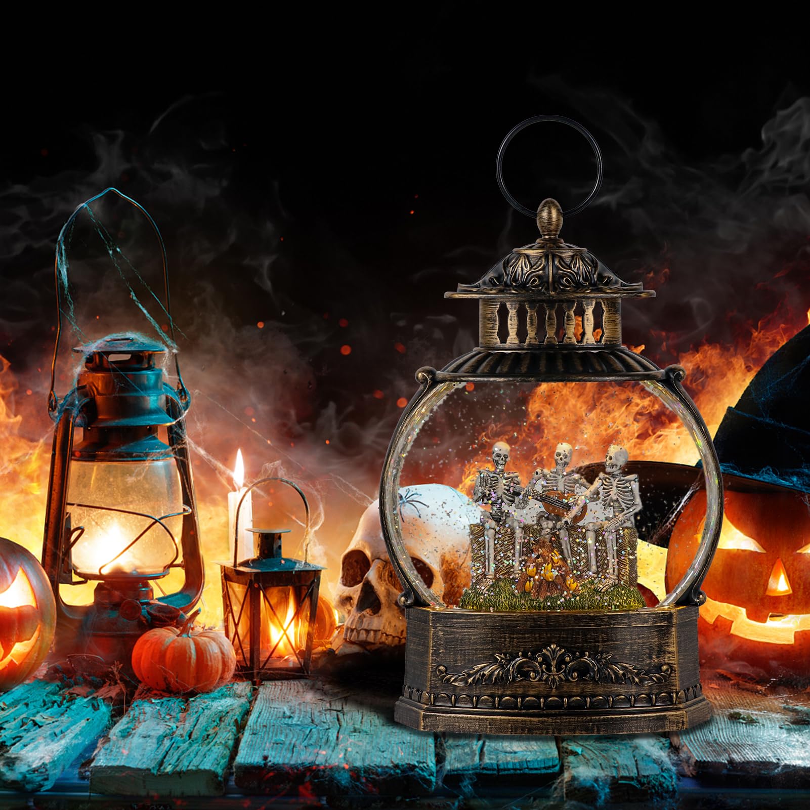 DRomance Halloween Skeleton Snow Globe Lantern with 6H Timer Battery Operated USB Powered Lighted Water Glitters Bronze Canteen Shaped Snow Globe Halloween Decoration Children Gift(6 x 3.2 x 11 Inch) - Halloween Happy