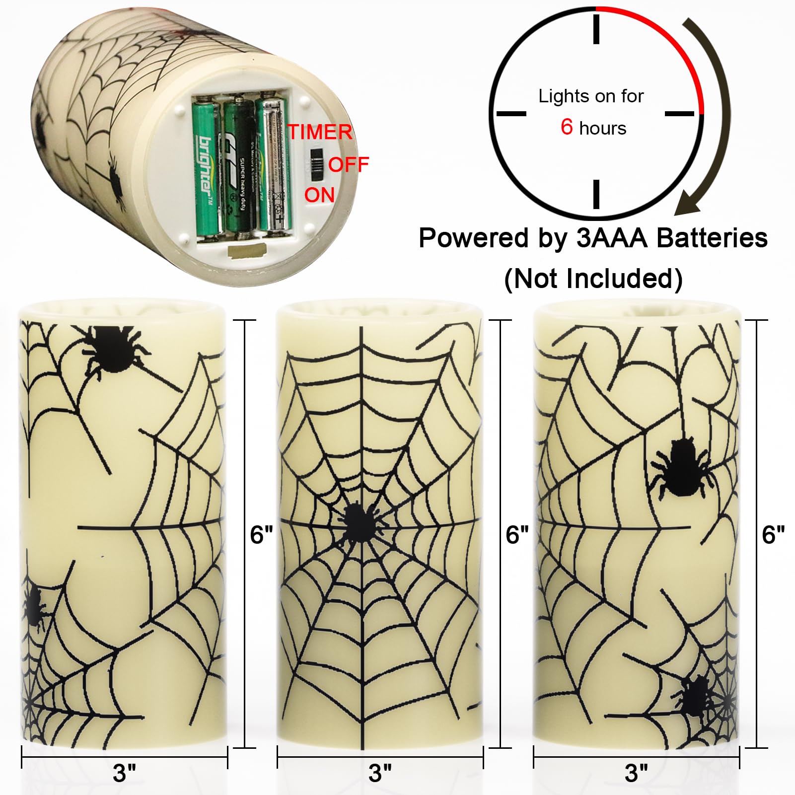 Eldnacele Halloween LED Flameless Flickering Candles Battery Operated with 6H Timer Skull Spider Web Crow Raven Spooky Decals Halloween Themed Indoor Decoration(3 Pack, D3 x H6) - Halloween Happy