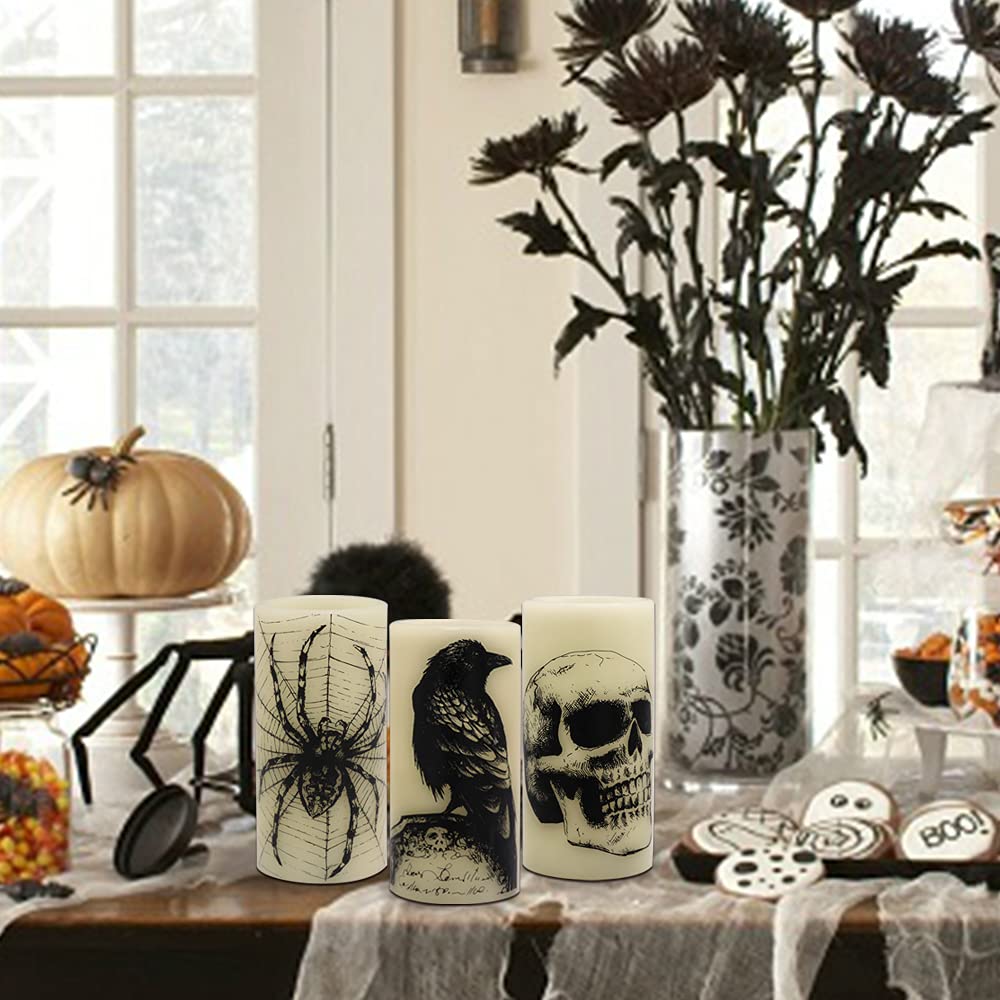 Eldnacele Halloween LED Flameless Flickering Candles Battery Operated with 6H Timer Skull Spider Web Crow Raven Spooky Decals Halloween Themed Indoor Decoration(3 Pack, D3 x H6) - Halloween Happy