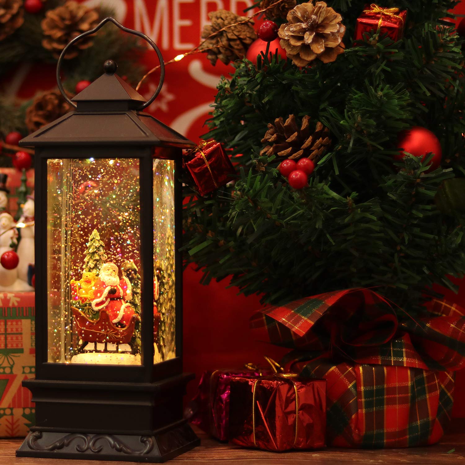 Eldnacele Halloween Ghost Projection Snow Globe Lantern with 6 - Hour Timer, Lighted Plug - in & Battery Operated Water Glittering Snowing Globe Lamp for Spooky Fall Halloween Indoor Decoration(Skeleton) - Halloween Happy