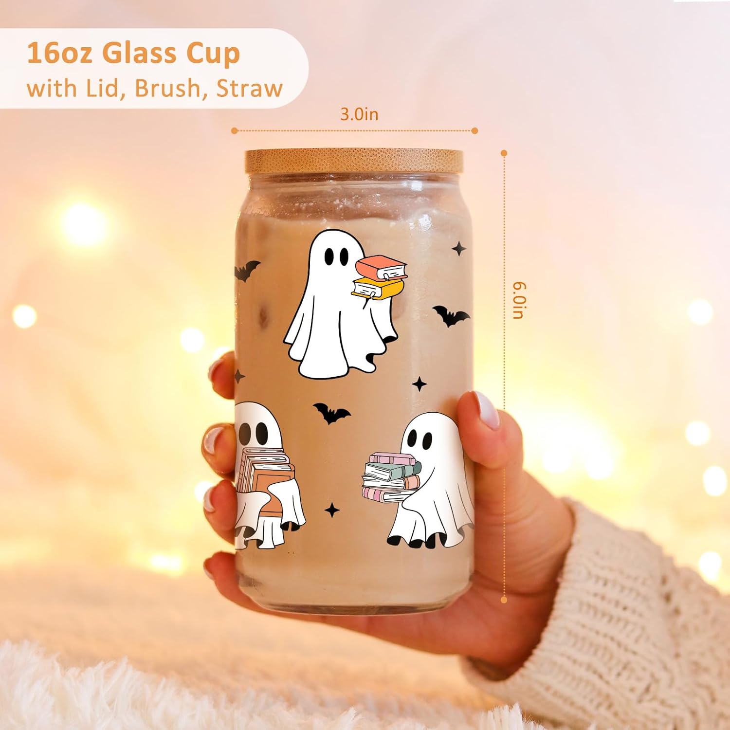 Fairy's Gift Ghost Reader Halloween Cup, Cute Spooky Gifts for Book Lovers, 16 oz Iced Coffee Tumbler Cup w/Lid Straw, Book Themed Bookworm Bookish Reading Halloween Gifts for Women Librarian Reader - Halloween Happy