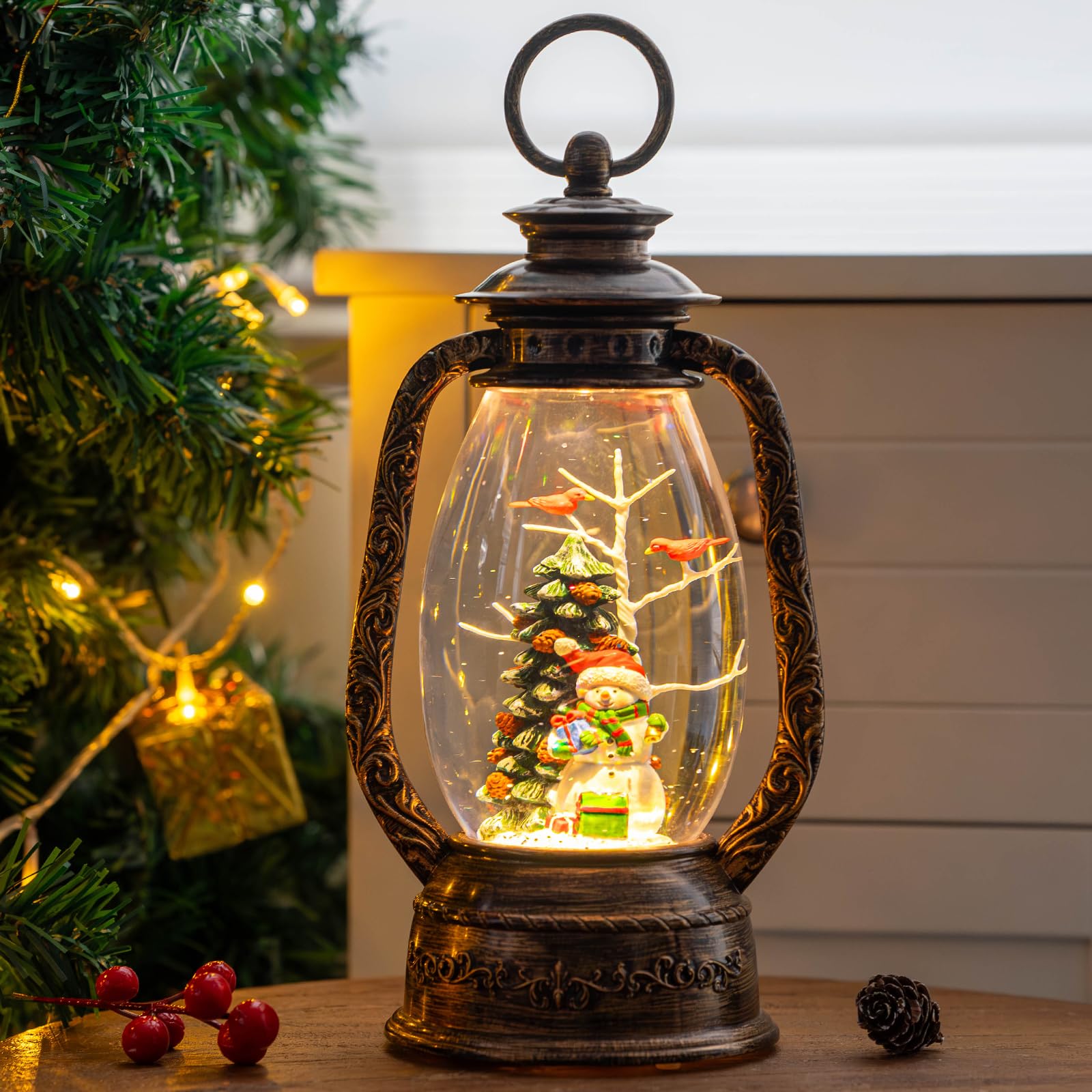 Halloween Snow Globe Lantern Water Glittering Spooky Witch' s Black Cat in Pumpkins with Music, USB Lined/Battery Operated Lighted Lantern for Halloween Festival Decoration Gifts - Halloween Happy