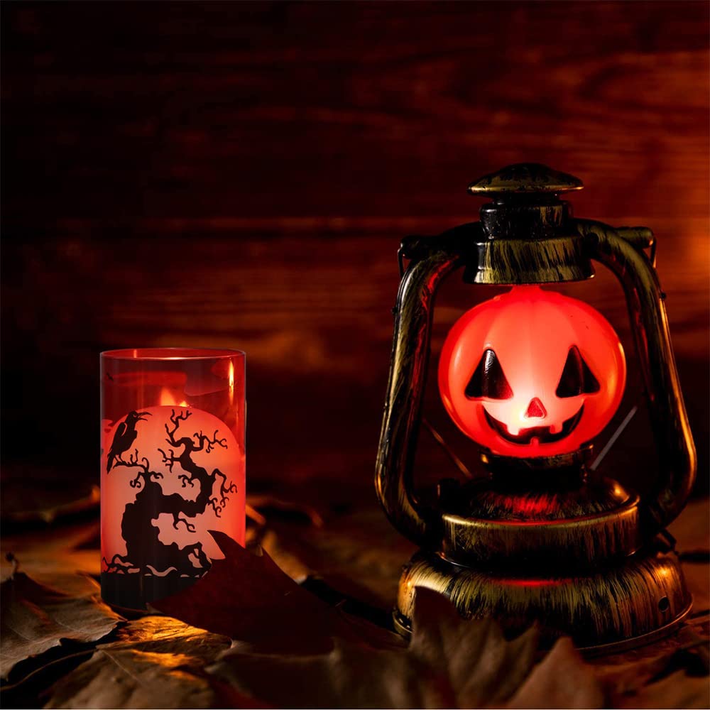 Eldnacele Halloween LED Flameless Flickering Candles Battery Operated with 6H Timer Skull Spider Web Crow Raven Spooky Decals Halloween Themed Indoor Decoration(3 Pack, D3 x H6) - Halloween Happy