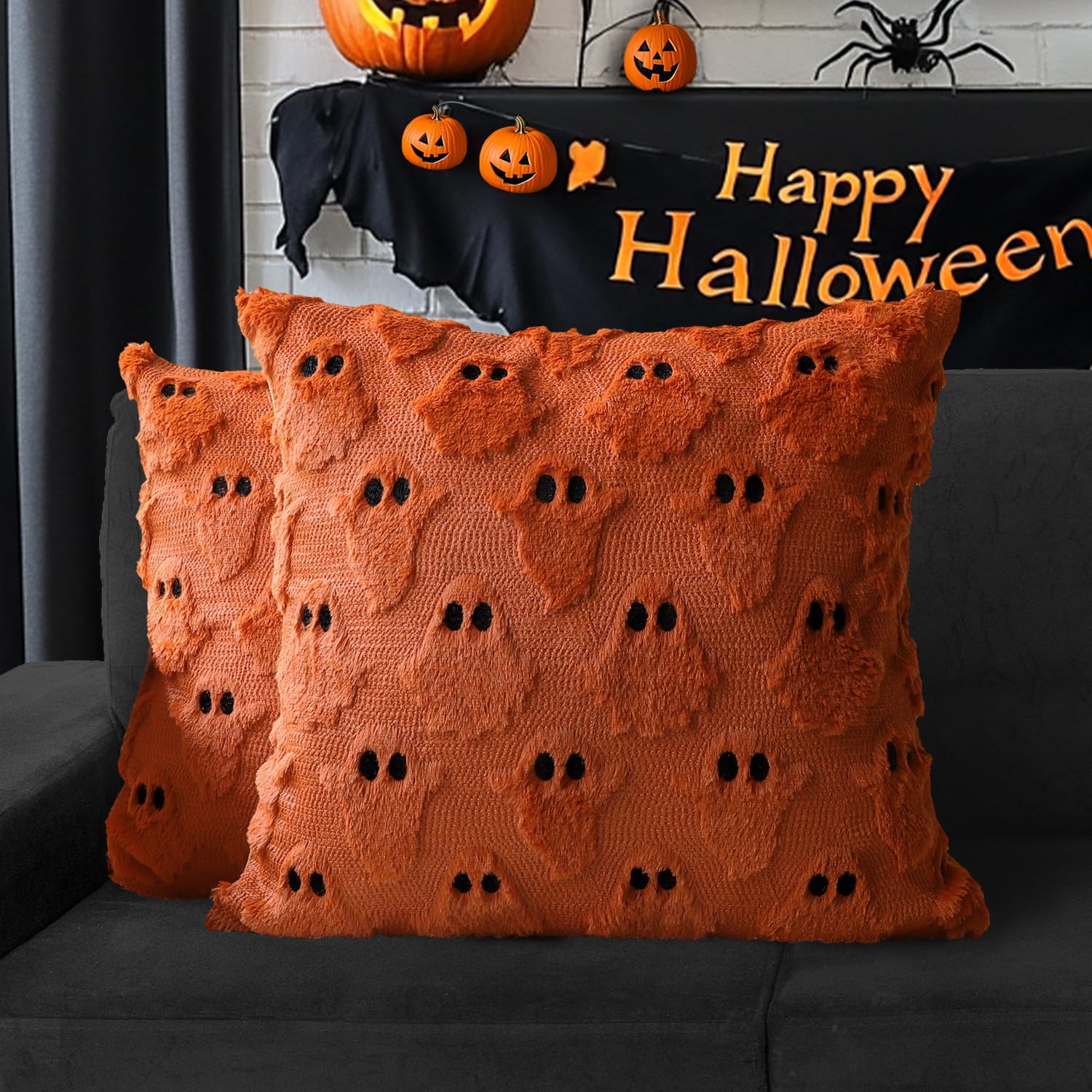 4TH Emotion Halloween Ghost Decorative Pillow Covers 18x18 Set of 2, White Soft Plush Faux Fur Farmhouse Throw Cushion Cases for Fall Autumn Holiday Home Decorations - Halloween Happy