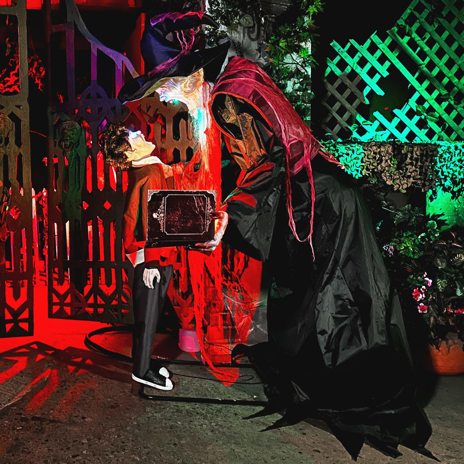 Haunted Hill Farm Soul Sucker Demon Reaper with Child by Tekky, Motion - Activated Talking Halloween Animatronic for Creepy Indoor or Covered Outdoor Halloween Decorations, Plug - in or Battery Operated - Halloween Happy