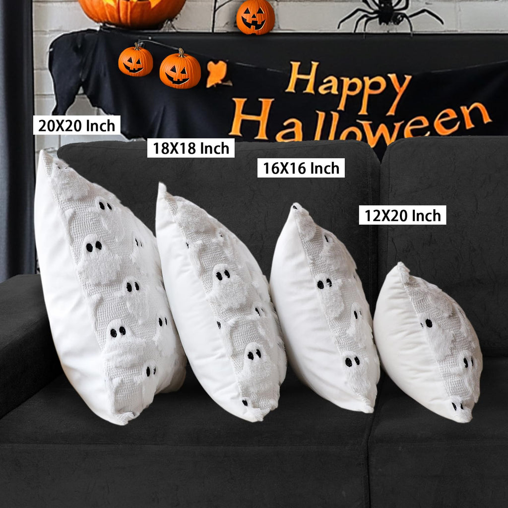 4TH Emotion Halloween Ghost Decorative Pillow Covers 18x18 Set of 2, White Soft Plush Faux Fur Farmhouse Throw Cushion Cases for Fall Autumn Holiday Home Decorations - Halloween Happy