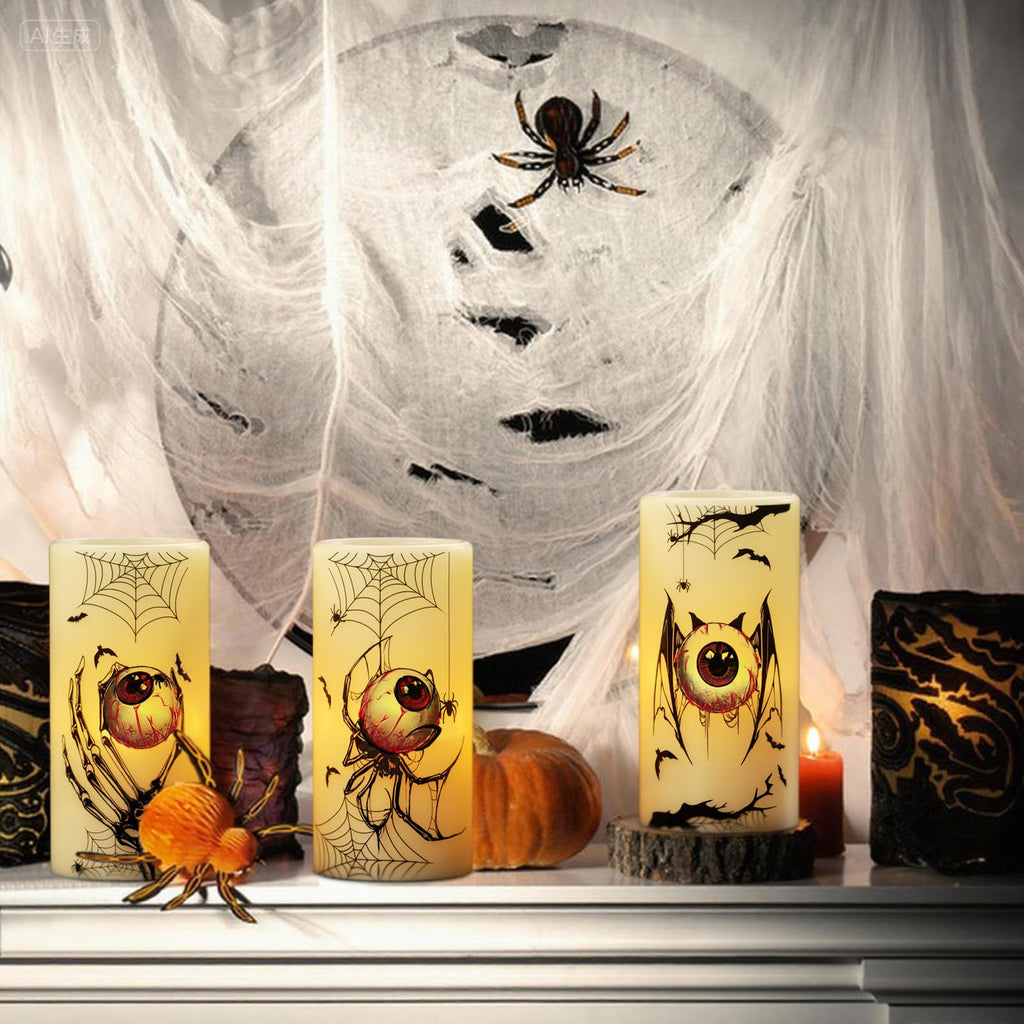 Eldnacele Halloween LED Flameless Flickering Candles Battery Operated with 6H Timer Skull Spider Web Crow Raven Spooky Decals Halloween Themed Indoor Decoration(3 Pack, D3 x H6) - Halloween Happy
