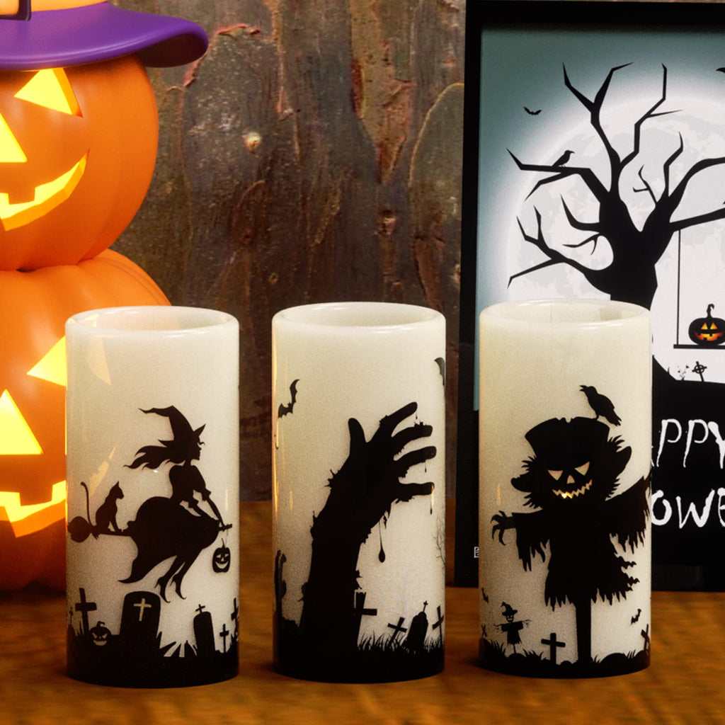 Eldnacele Halloween LED Flameless Flickering Candles Battery Operated with 6H Timer Skull Spider Web Crow Raven Spooky Decals Halloween Themed Indoor Decoration(3 Pack, D3 x H6) - Halloween Happy