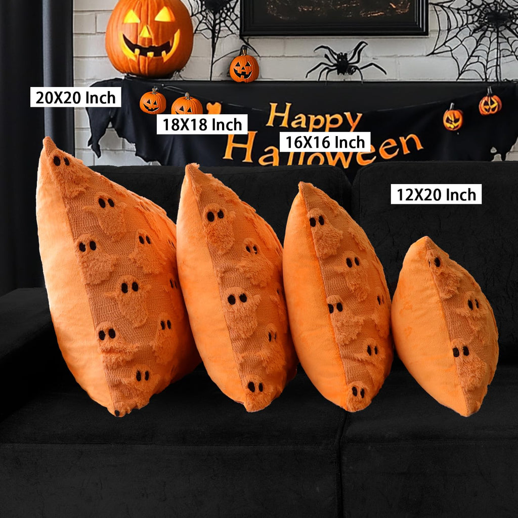 4TH Emotion Halloween Ghost Decorative Pillow Covers 18x18 Set of 2, White Soft Plush Faux Fur Farmhouse Throw Cushion Cases for Fall Autumn Holiday Home Decorations - Halloween Happy