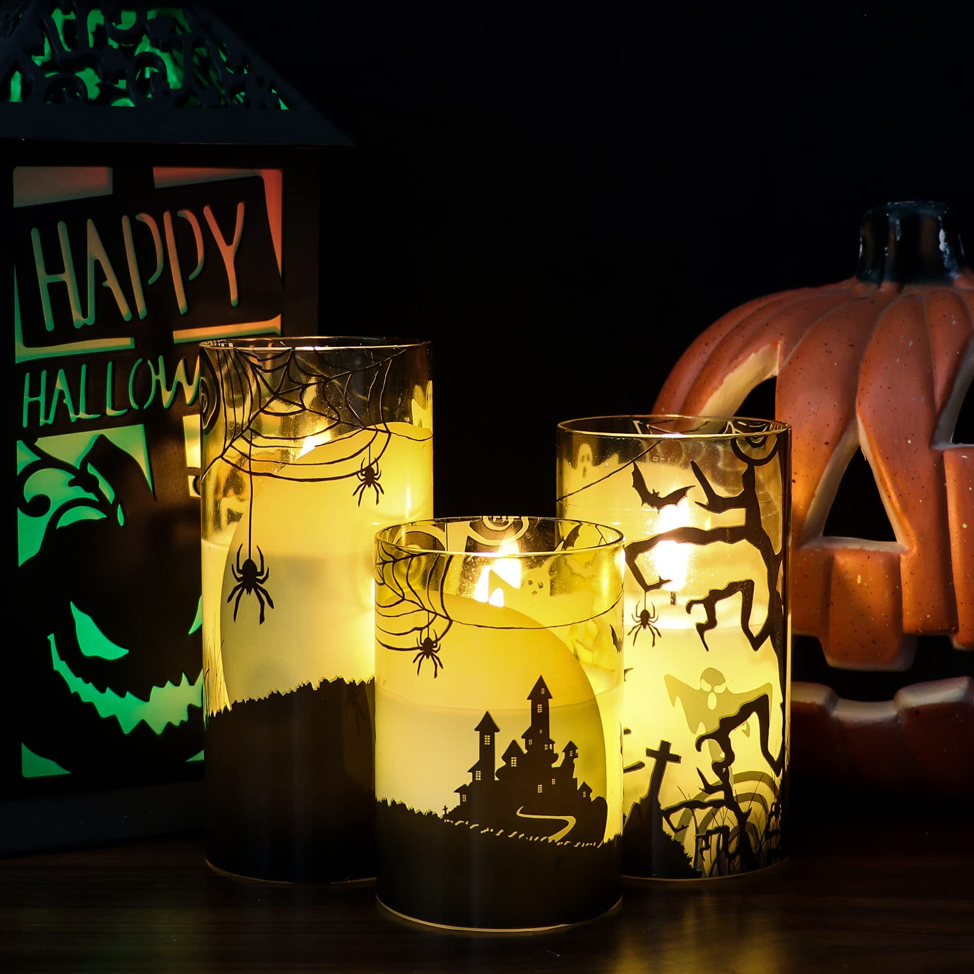 Eldnacele Halloween LED Flameless Flickering Candles Battery Operated with 6H Timer Skull Spider Web Crow Raven Spooky Decals Halloween Themed Indoor Decoration(3 Pack, D3 x H6) - Halloween Happy