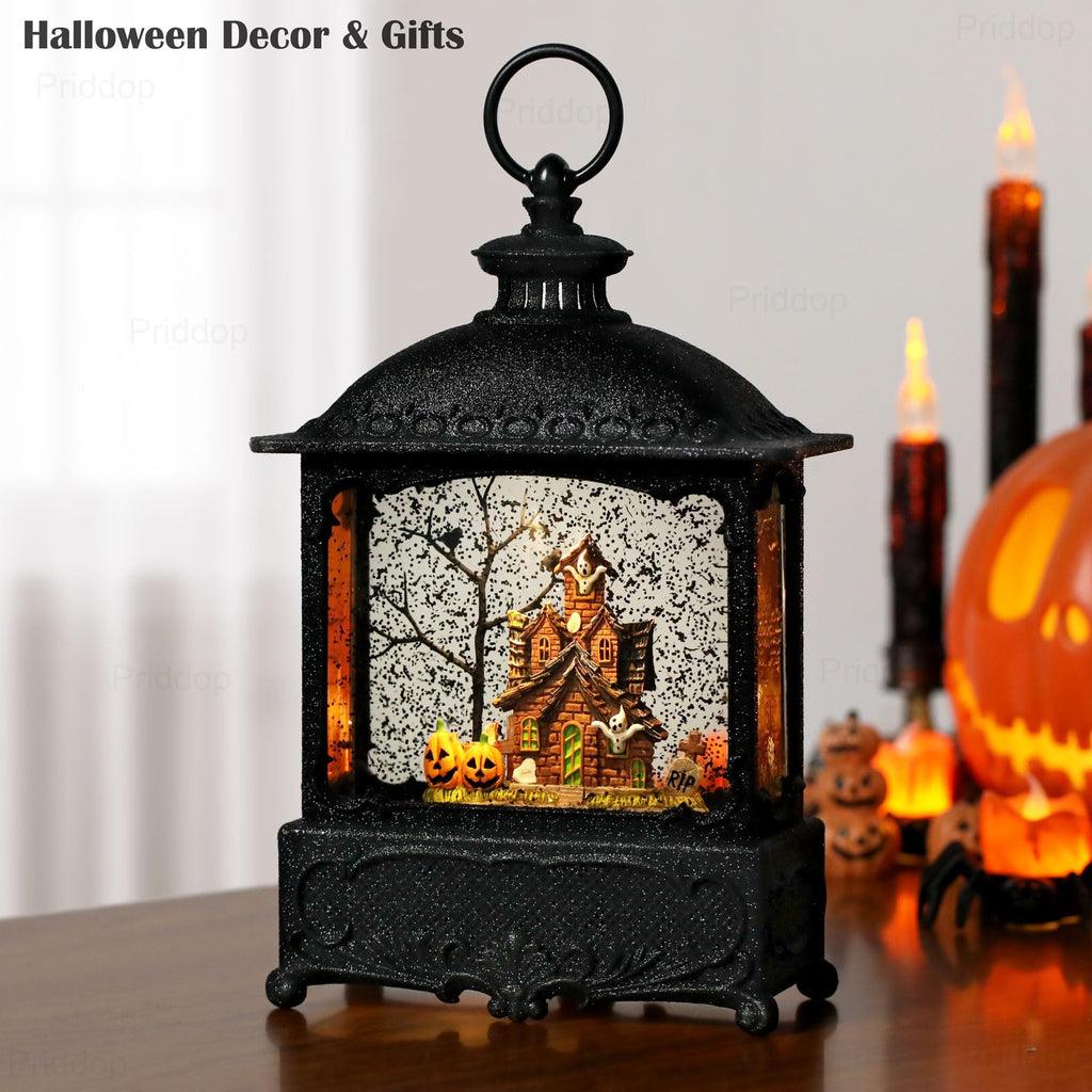 Halloween Snow Globe Lantern Haunted House Pumpkin Ghost Tree Crow Rip Dancing Bats with Timer, USB and Battery Powered 12 inch - Halloween Happy