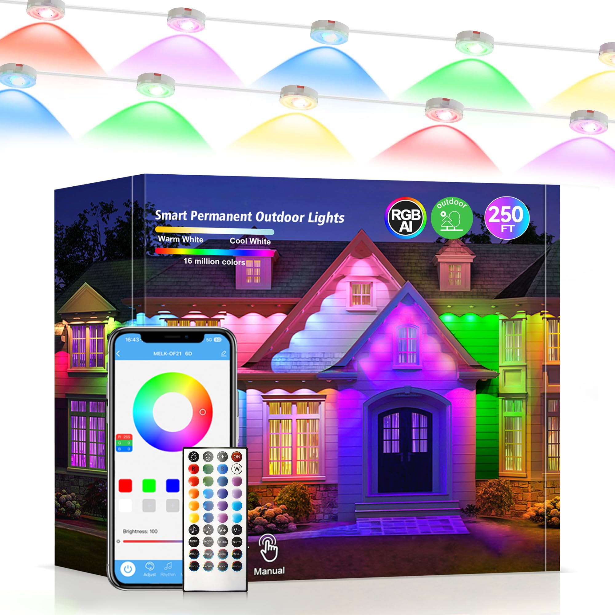 Permanent Outdoor Lights 150ft RGB+IC Outdoor String Lights App Control IP67 Waterproof,100 Scene Modes Home for Christmas,Halloween,Holiday, Daily,Birthday Decor - Halloween Happy