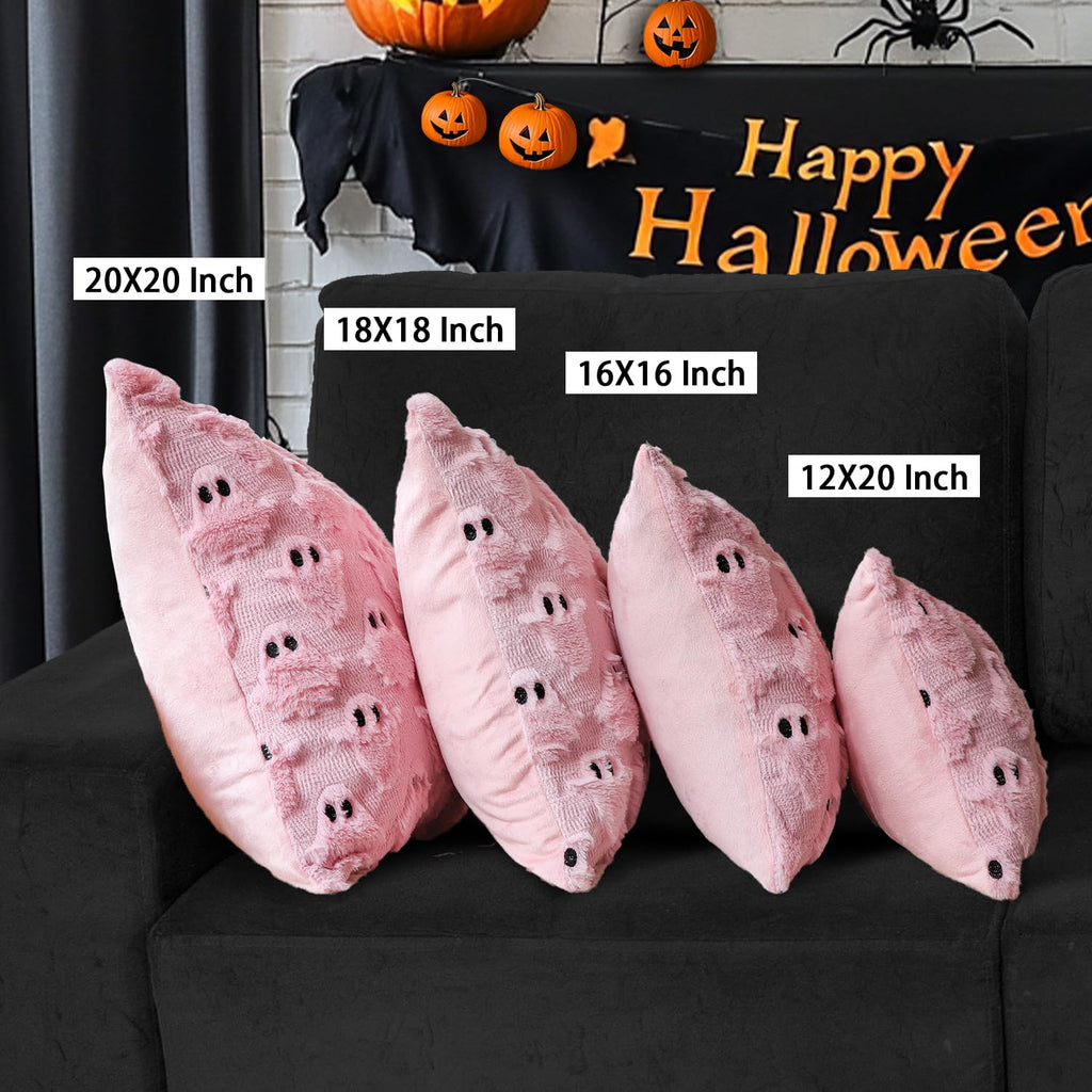 4TH Emotion Halloween Ghost Decorative Pillow Covers 18x18 Set of 2, White Soft Plush Faux Fur Farmhouse Throw Cushion Cases for Fall Autumn Holiday Home Decorations - Halloween Happy