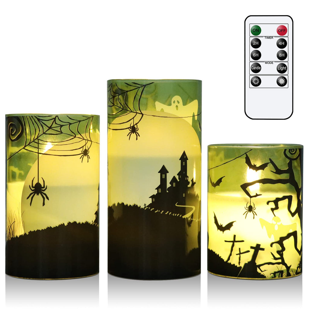 Eldnacele Halloween LED Flameless Flickering Candles Battery Operated with 6H Timer Skull Spider Web Crow Raven Spooky Decals Halloween Themed Indoor Decoration(3 Pack, D3 x H6) - Halloween Happy