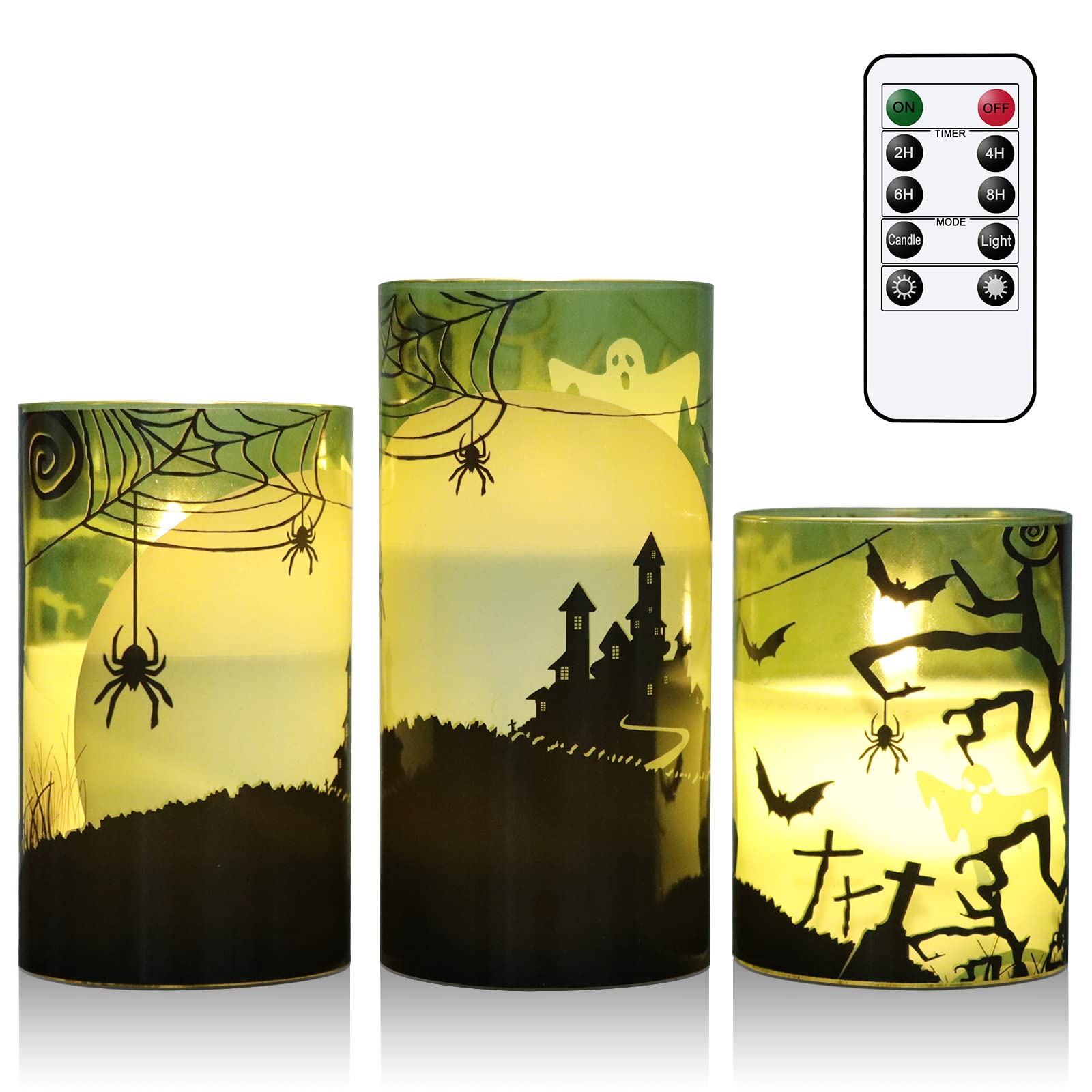 Eldnacele Halloween LED Flameless Flickering Candles Battery Operated with 6H Timer Skull Spider Web Crow Raven Spooky Decals Halloween Themed Indoor Decoration(3 Pack, D3 x H6) - Halloween Happy
