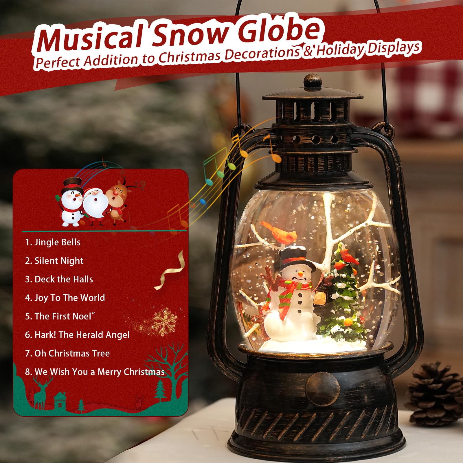 Halloween Snow Globe, Halloween Decorations Indoor Light Up Snow Globe Lantern with Music, 6H Timer, Love Never Dies Swirling Glitter Halloween Lantern for Halloween Home Decorations - Halloween Happy