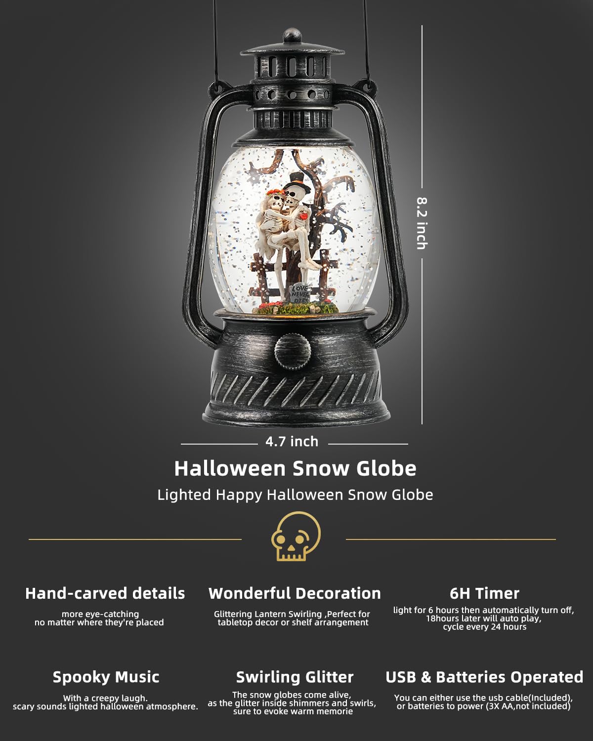 Halloween Snow Globe, Halloween Decorations Indoor Light Up Snow Globe Lantern with Music, 6H Timer, Love Never Dies Swirling Glitter Halloween Lantern for Halloween Home Decorations - Halloween Happy