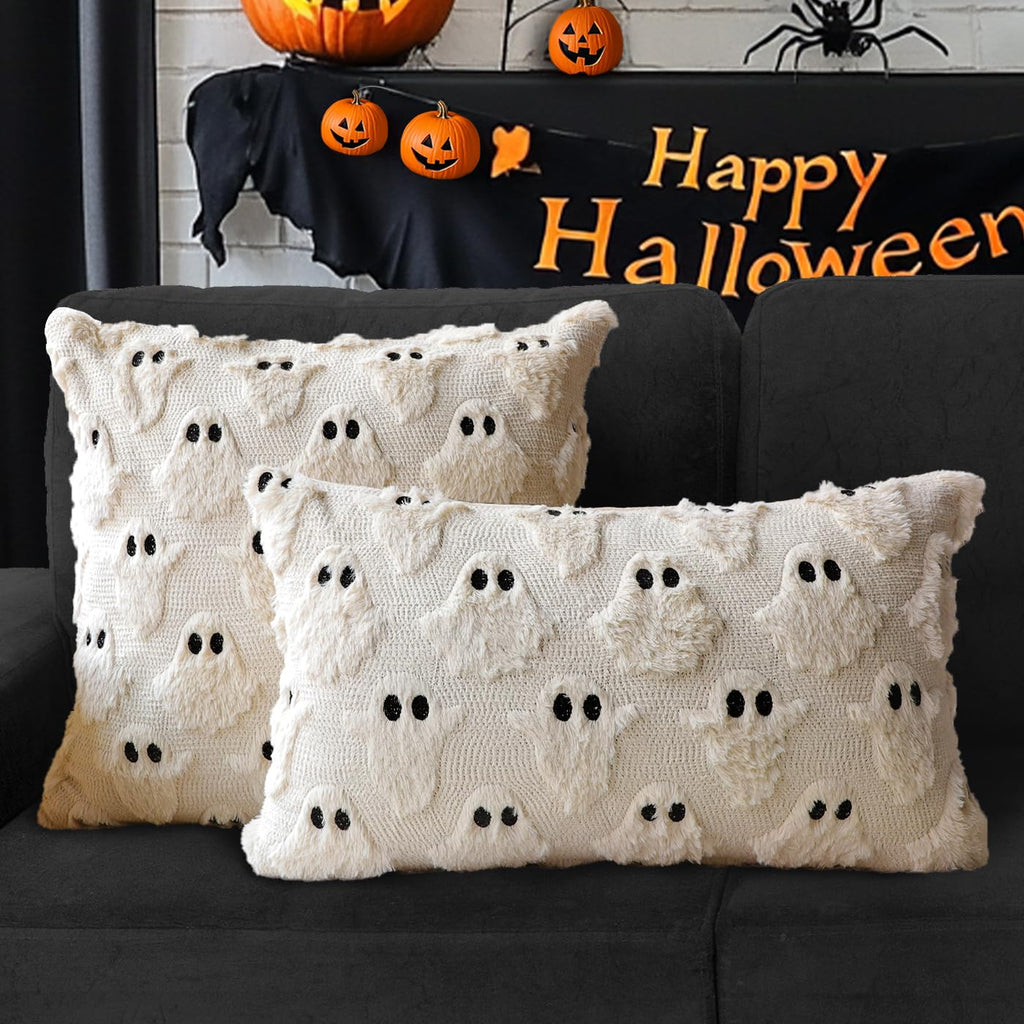 4TH Emotion Halloween Ghost Decorative Pillow Covers 18x18 Set of 2, White Soft Plush Faux Fur Farmhouse Throw Cushion Cases for Fall Autumn Holiday Home Decorations - Halloween Happy