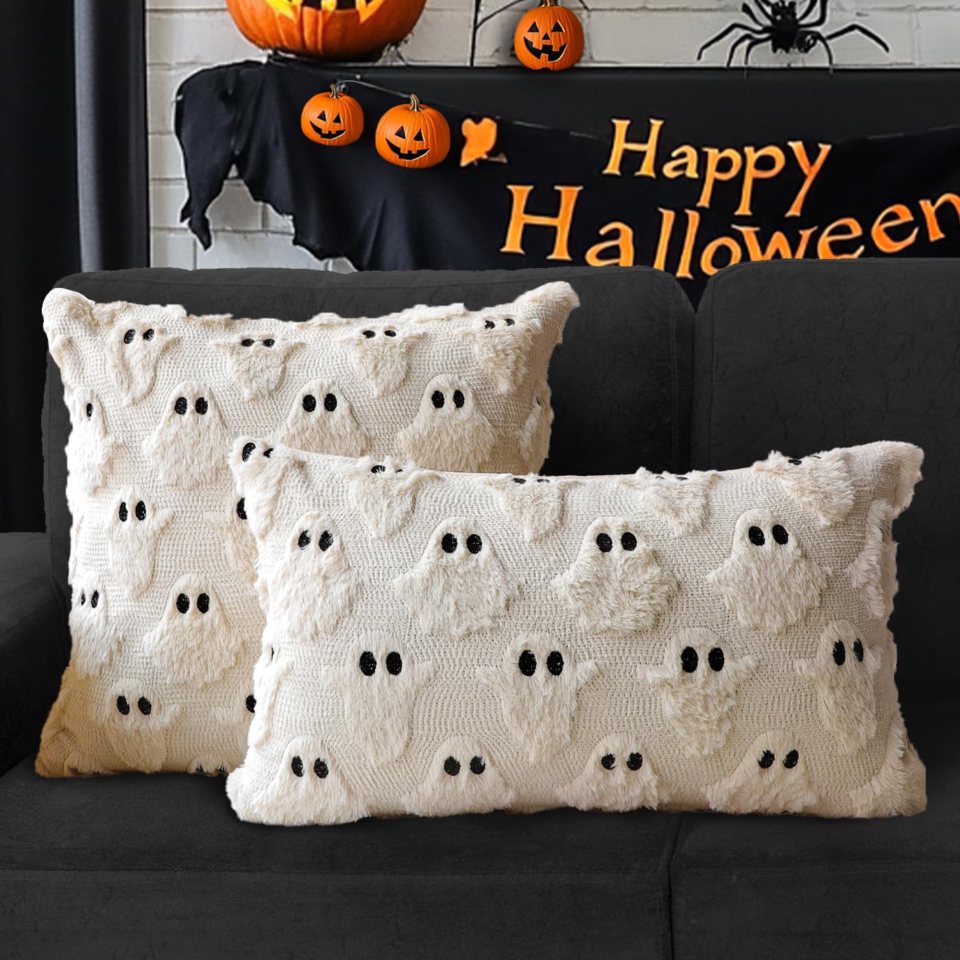 4TH Emotion Halloween Ghost Decorative Pillow Covers 18x18 Set of 2, White Soft Plush Faux Fur Farmhouse Throw Cushion Cases for Fall Autumn Holiday Home Decorations - Halloween Happy