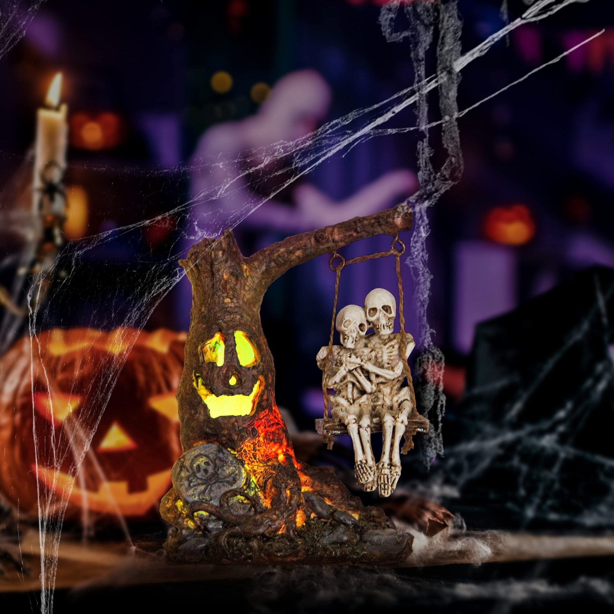 Halloween Skull Statue with Spooky LED Light for Holiday Decorations, Halloween Decor with Romantic Skeleton Couple on Swing Tombstone Tree, Grinning Skull Decor Props Haunted Collectible Gift - Halloween Happy