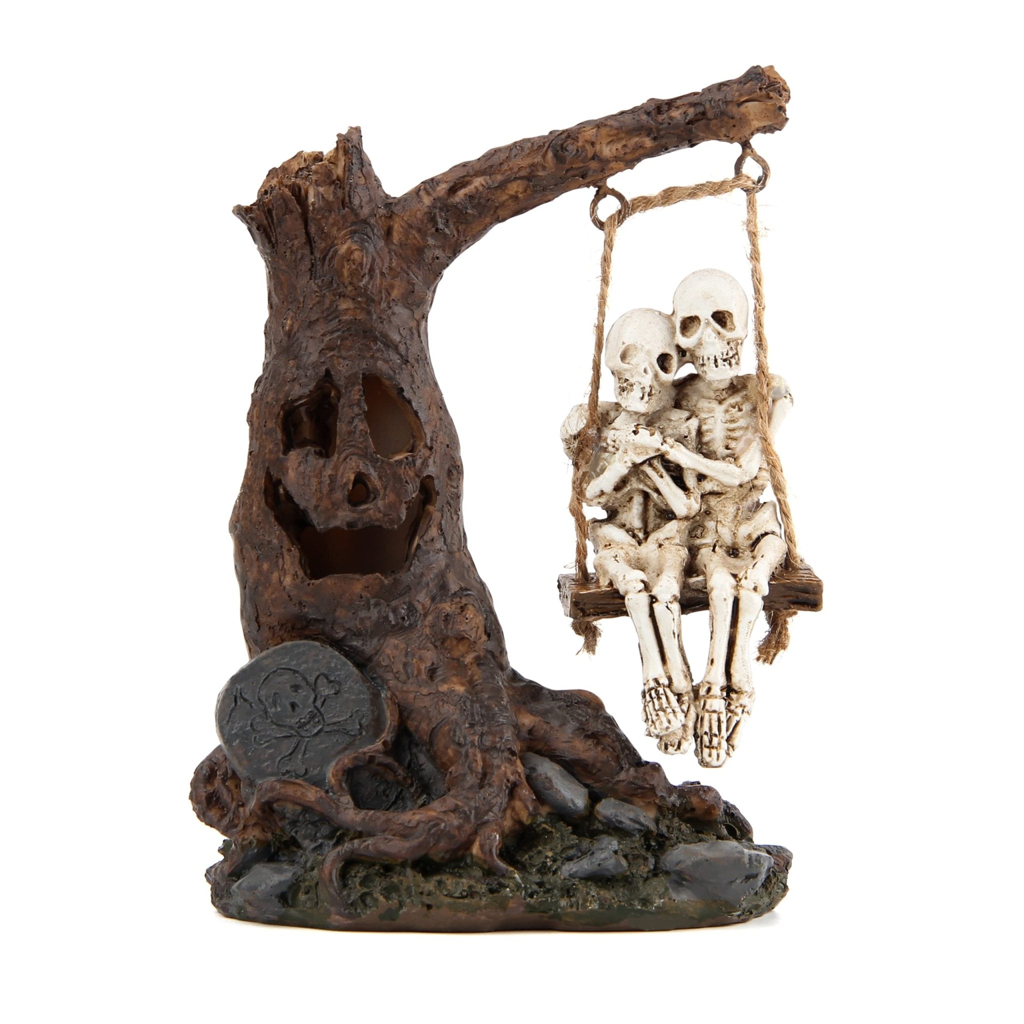 Halloween Skull Statue with Spooky LED Light for Holiday Decorations, Halloween Decor with Romantic Skeleton Couple on Swing Tombstone Tree, Grinning Skull Decor Props Haunted Collectible Gift - Halloween Happy