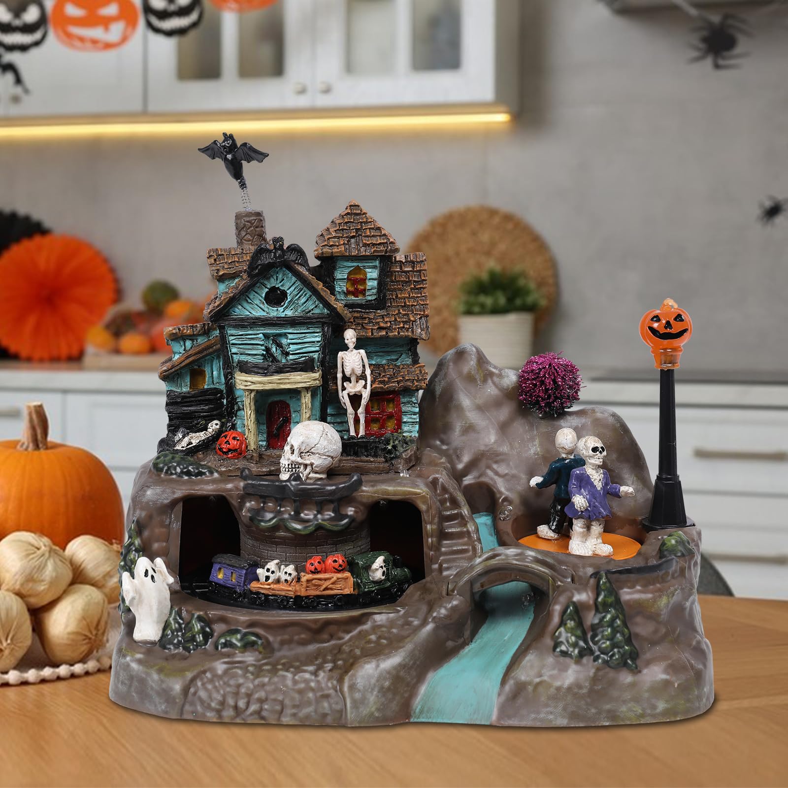 DREAM GARDEN Halloween Village Collection, Lighted Spooky Haunted House with Animated Train and Scary Sound Halloween Collectible Bulidings with Skull, Pumpkin, Ghost for Holiday Party Tabletop Decor - Halloween Happy