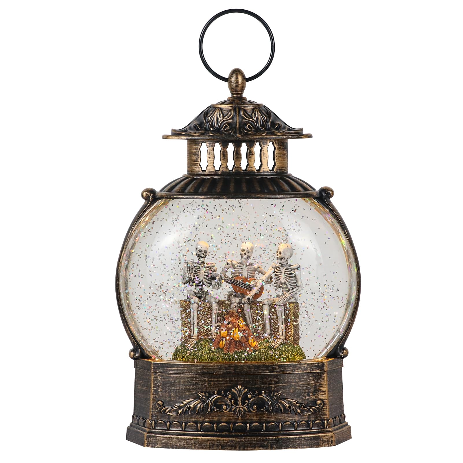 DRomance Halloween Skeleton Snow Globe Lantern with 6H Timer Battery Operated USB Powered Lighted Water Glitters Bronze Canteen Shaped Snow Globe Halloween Decoration Children Gift(6 x 3.2 x 11 Inch) - Halloween Happy