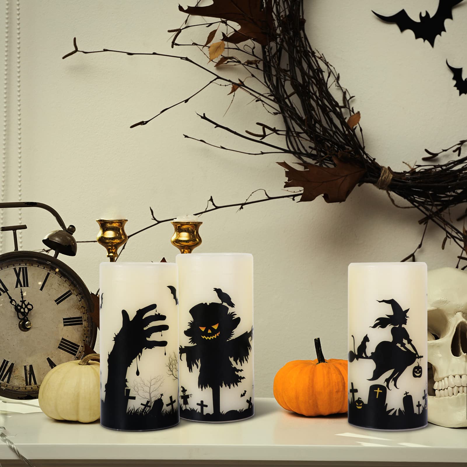 Eldnacele Halloween LED Flameless Flickering Candles Battery Operated with 6H Timer Skull Spider Web Crow Raven Spooky Decals Halloween Themed Indoor Decoration(3 Pack, D3 x H6) - Halloween Happy