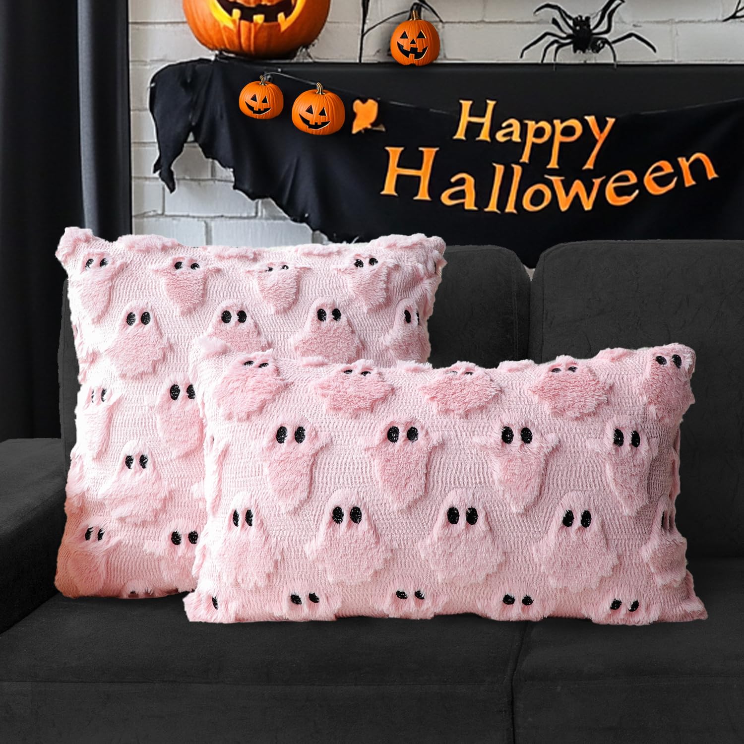 4TH Emotion Halloween Ghost Decorative Pillow Covers 18x18 Set of 2, White Soft Plush Faux Fur Farmhouse Throw Cushion Cases for Fall Autumn Holiday Home Decorations - Halloween Happy