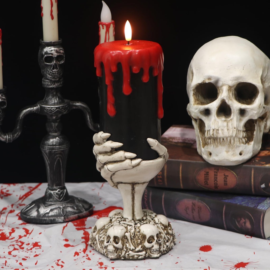 Eldnacele Halloween LED Flameless Flickering Candles Battery Operated with 6H Timer Skull Spider Web Crow Raven Spooky Decals Halloween Themed Indoor Decoration(3 Pack, D3 x H6) - Halloween Happy