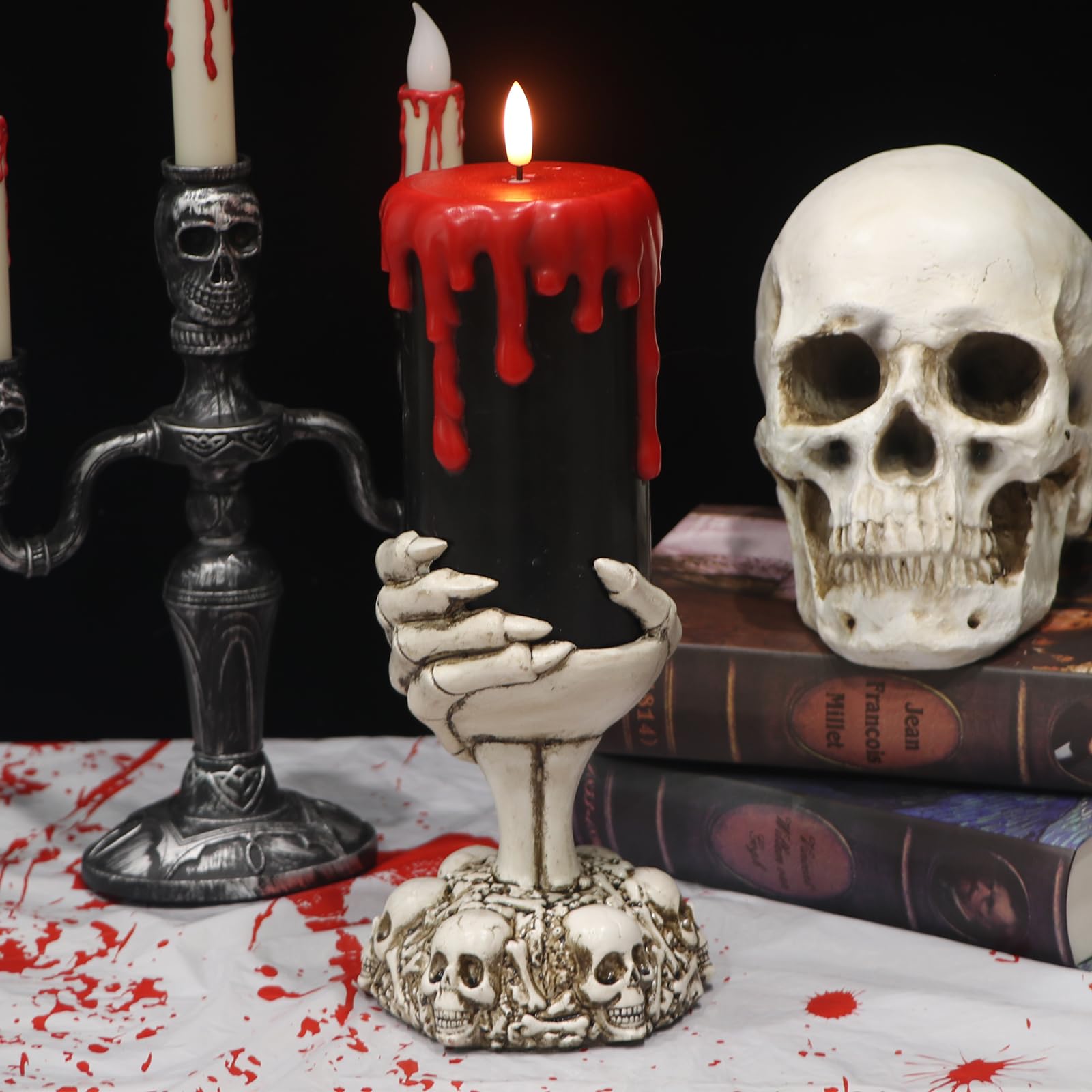 Eldnacele Halloween LED Flameless Flickering Candles Battery Operated with 6H Timer Skull Spider Web Crow Raven Spooky Decals Halloween Themed Indoor Decoration(3 Pack, D3 x H6) - Halloween Happy