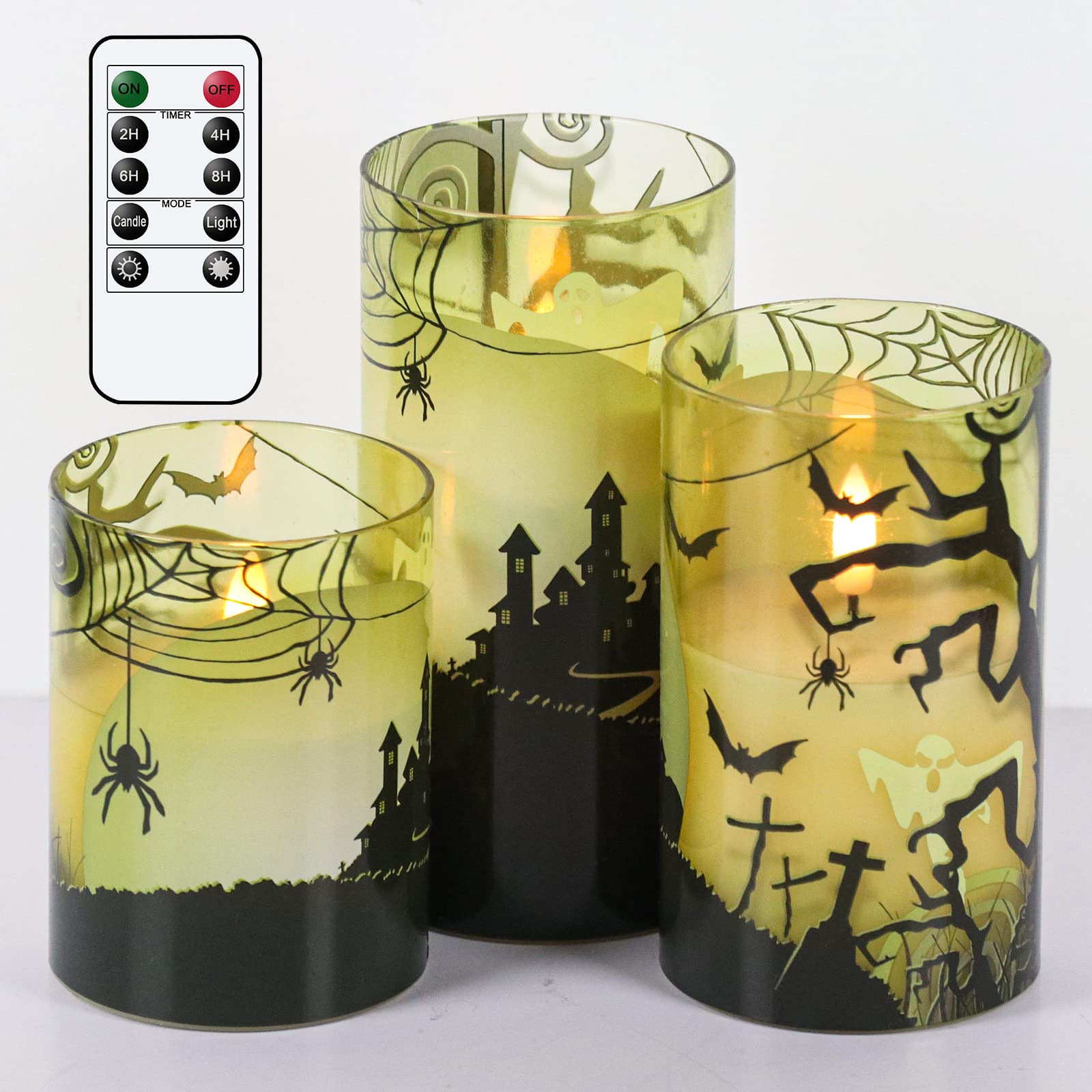 Eldnacele Halloween LED Flameless Flickering Candles Battery Operated with 6H Timer Skull Spider Web Crow Raven Spooky Decals Halloween Themed Indoor Decoration(3 Pack, D3 x H6) - Halloween Happy