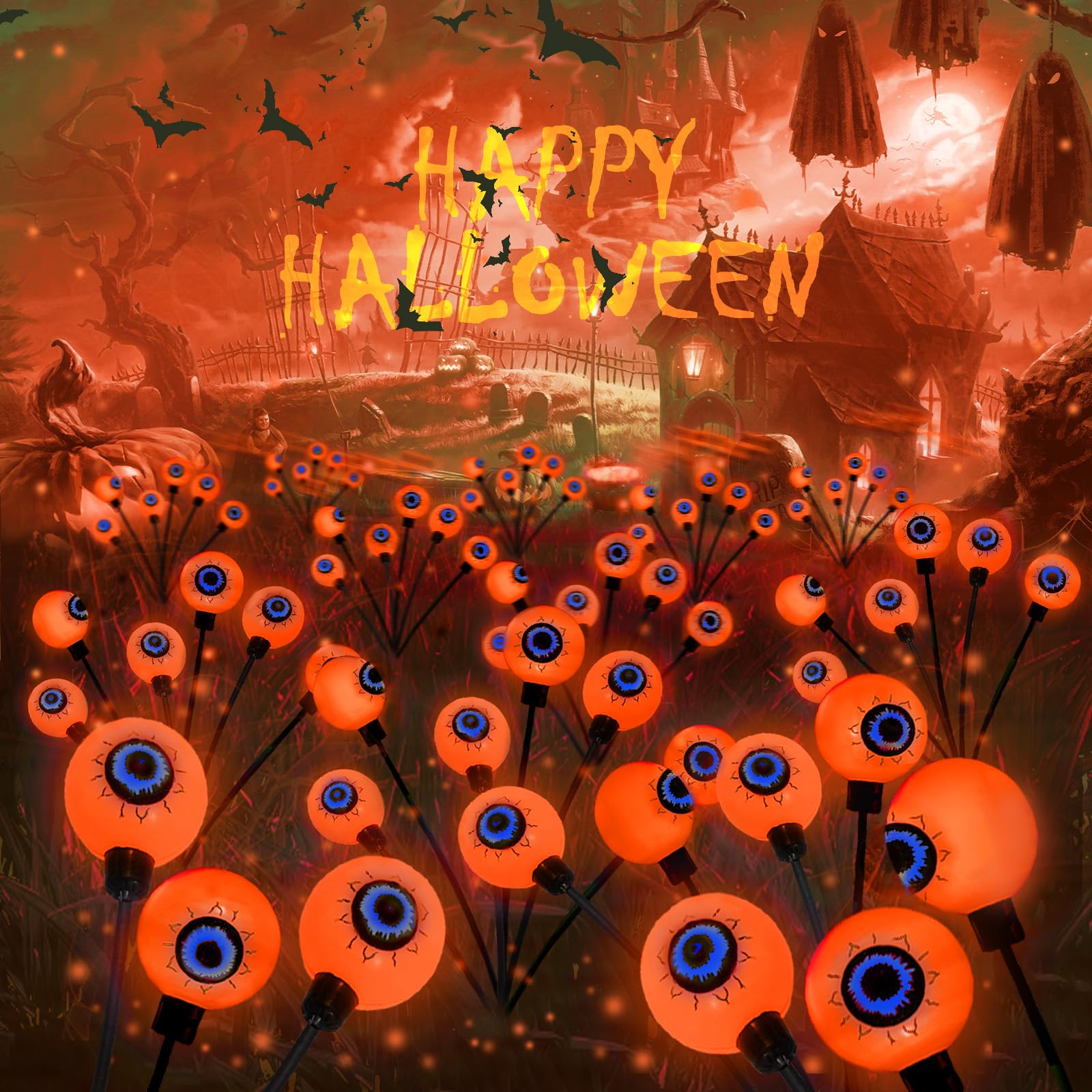 6 Pack Solar Eyeball Lights for Halloween Decorations Outdoor, 36 LED Green Eyeball Solar Halloween Lights, Waterproof Swaying Firefly Lights with 2 Modes for Pathway Patio Yard Lawn Garden Decor - Halloween Happy