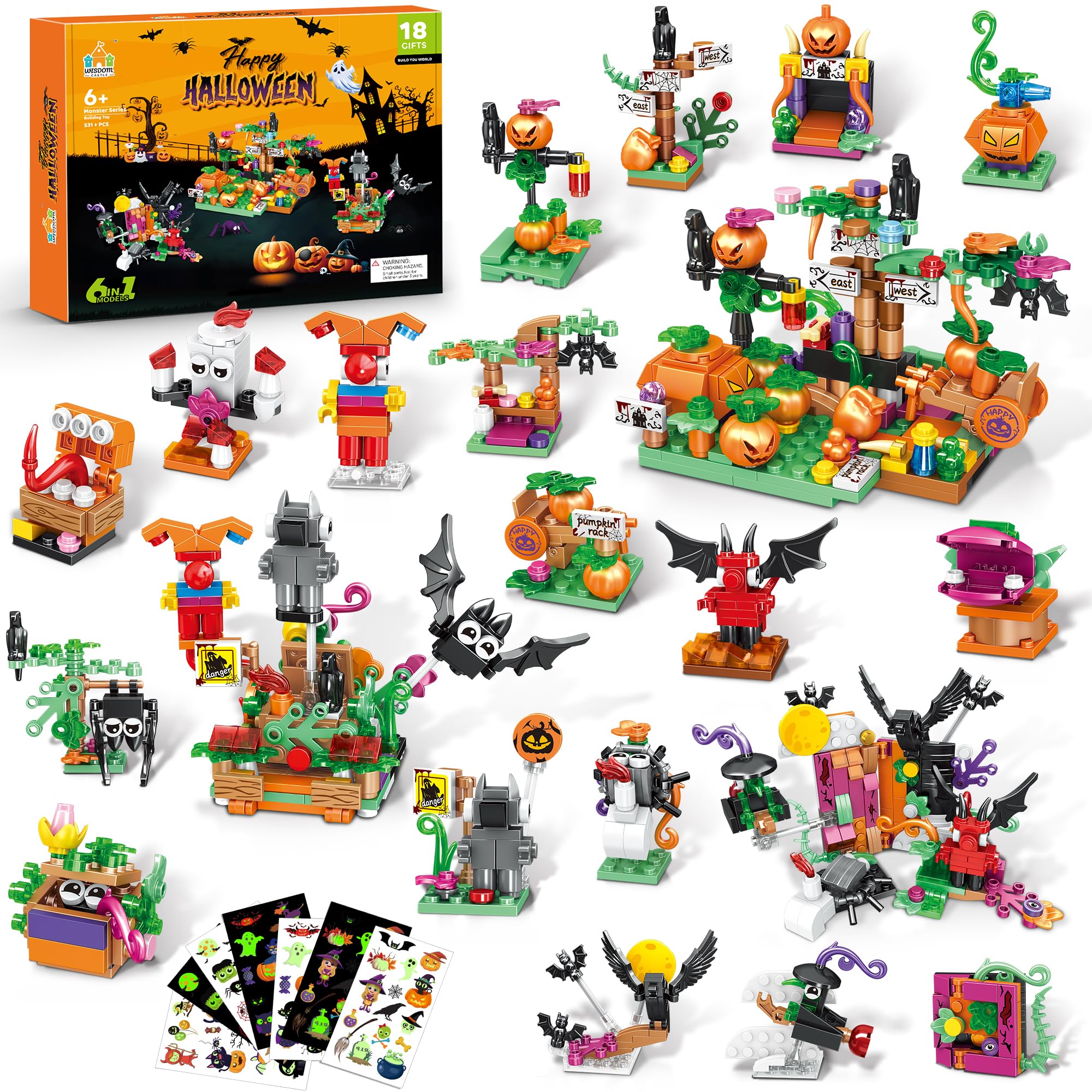 Halloween Building Set – Trick - or - Treat Toy for Kids, 6 - in - 1 Building Blocks with 18 Mini Packs, Pumpkin Patch, Ghost & Bat Scenes, Glow Tattoos, Pretend Play, Halloween Party Favors, Boys & Girls 6+ - Halloween Happy