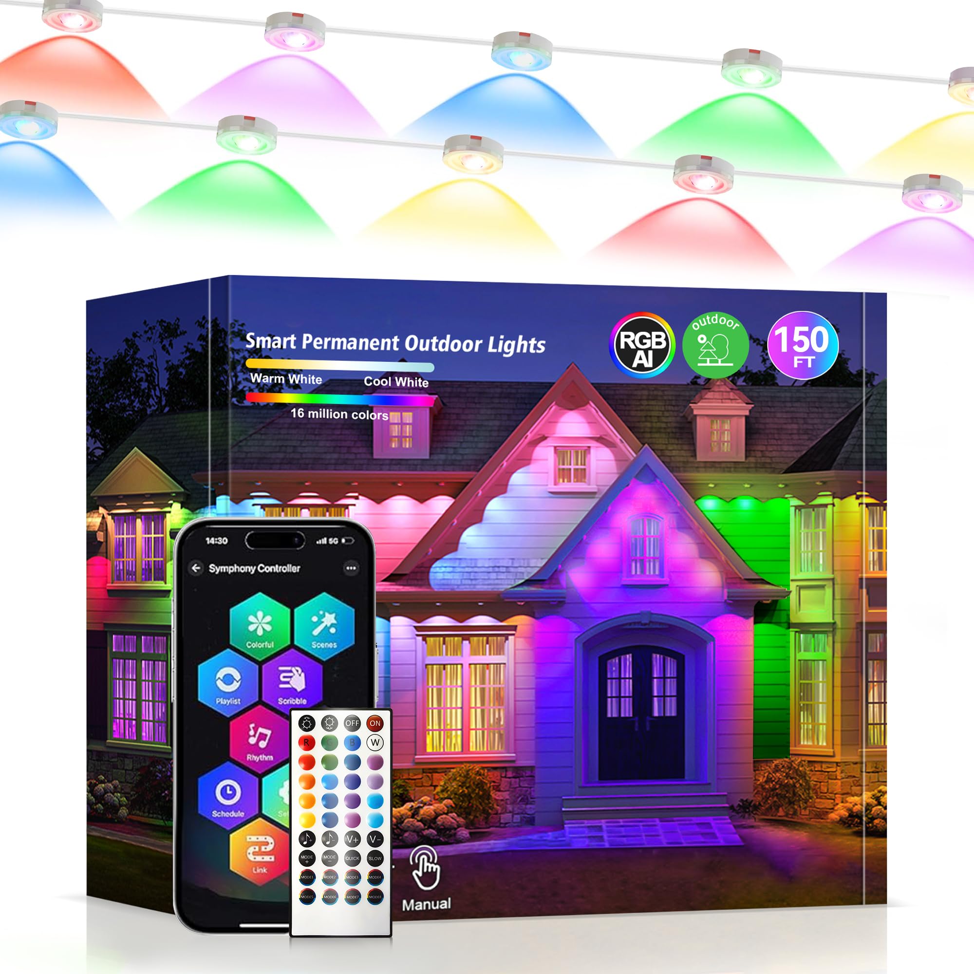 Permanent Outdoor Lights 150ft RGB+IC Outdoor String Lights App Control IP67 Waterproof,100 Scene Modes Home for Christmas,Halloween,Holiday, Daily,Birthday Decor - Halloween Happy
