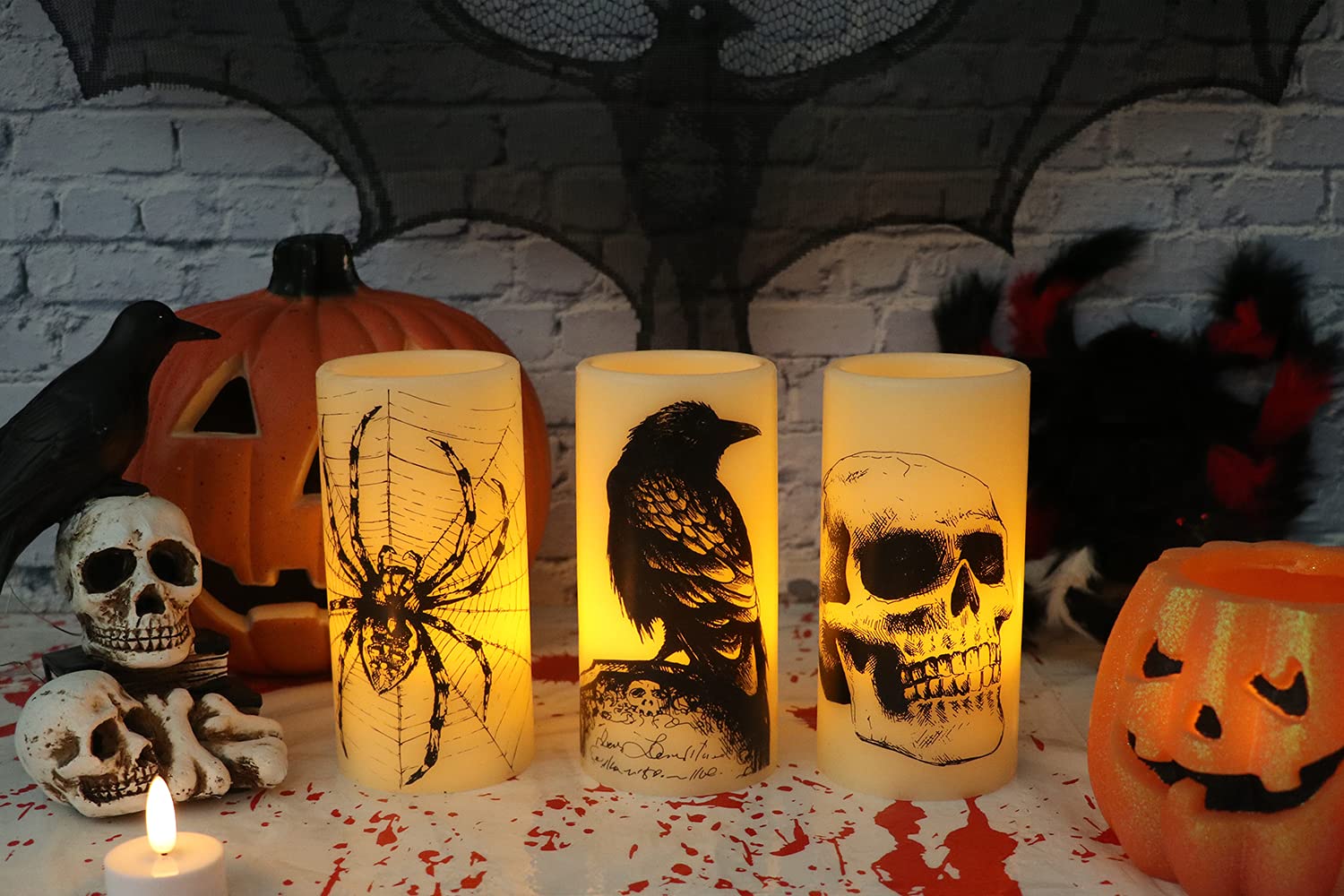 Eldnacele Halloween LED Flameless Flickering Candles Battery Operated with 6H Timer Skull Spider Web Crow Raven Spooky Decals Halloween Themed Indoor Decoration(3 Pack, D3 x H6) - Halloween Happy