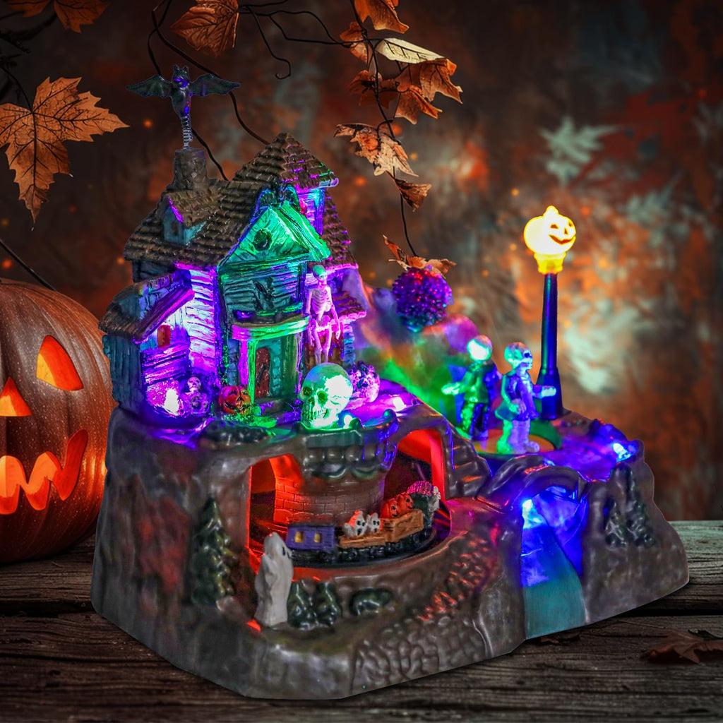 DREAM GARDEN Halloween Village Collection, Lighted Spooky Haunted House with Animated Train and Scary Sound Halloween Collectible Bulidings with Skull, Pumpkin, Ghost for Holiday Party Tabletop Decor - Halloween Happy