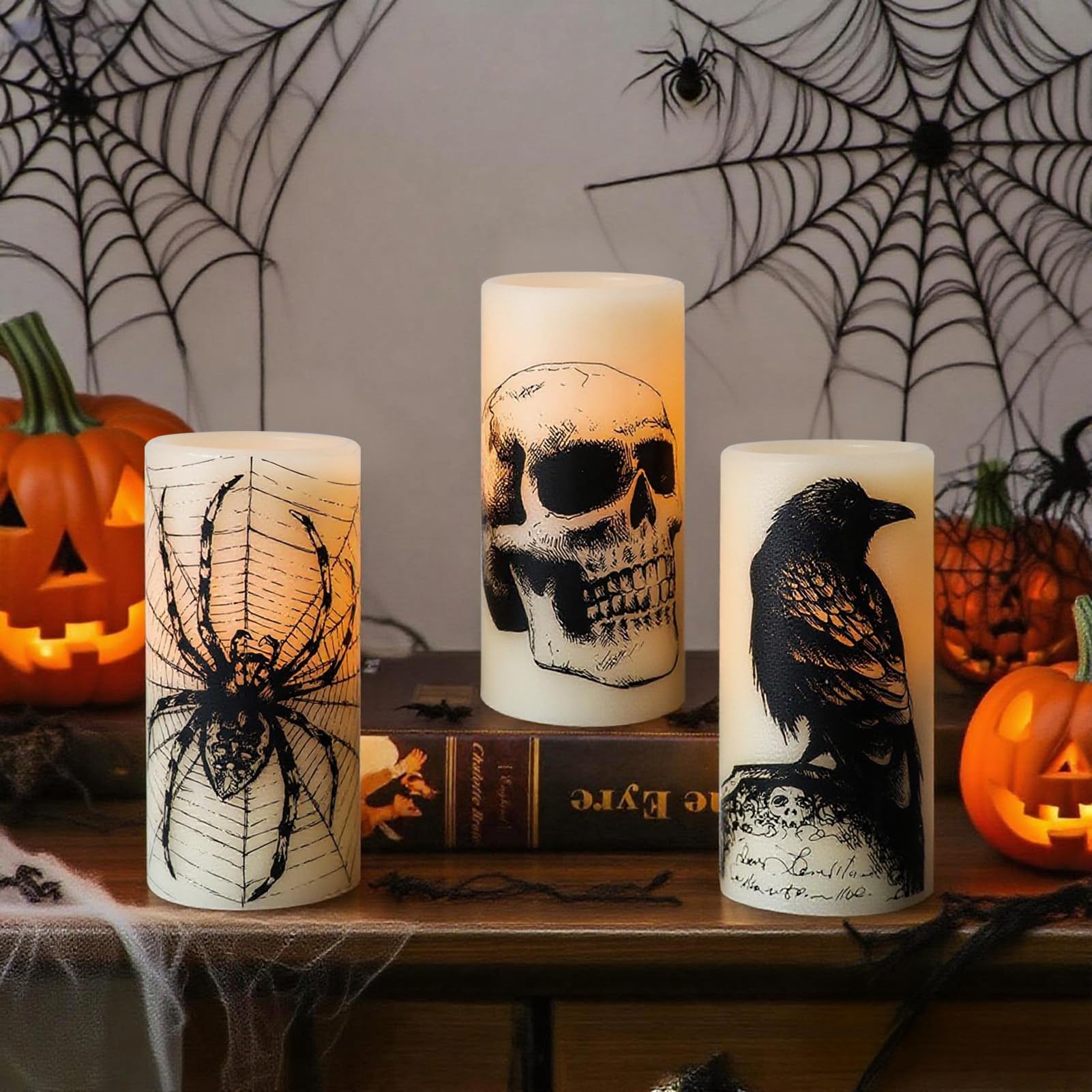 Eldnacele Halloween LED Flameless Flickering Candles Battery Operated with 6H Timer Skull Spider Web Crow Raven Spooky Decals Halloween Themed Indoor Decoration(3 Pack, D3 x H6) - Halloween Happy