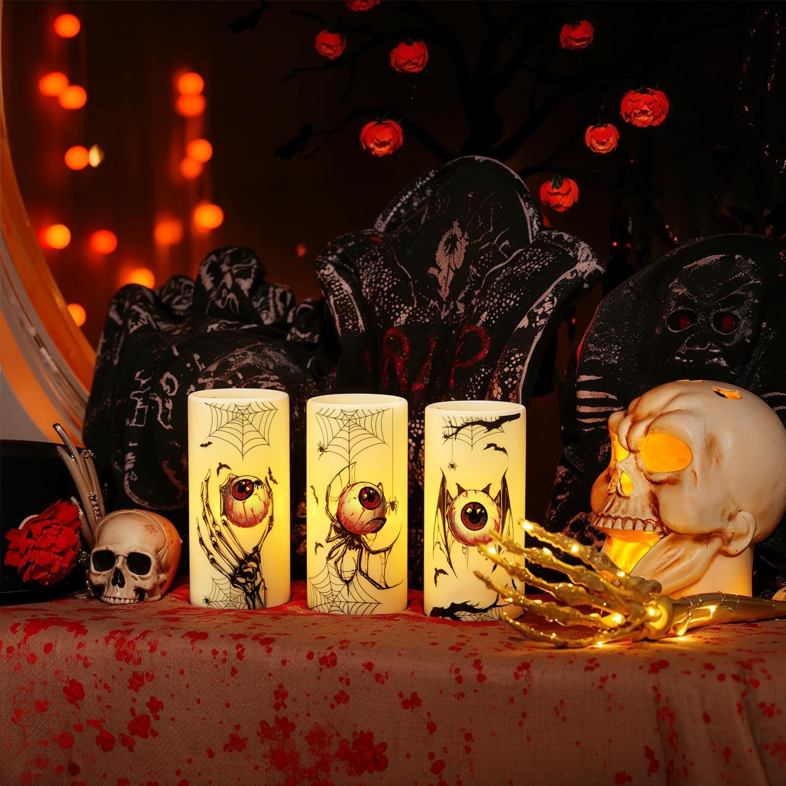 Eldnacele Halloween LED Flameless Flickering Candles Battery Operated with 6H Timer Skull Spider Web Crow Raven Spooky Decals Halloween Themed Indoor Decoration(3 Pack, D3 x H6) - Halloween Happy