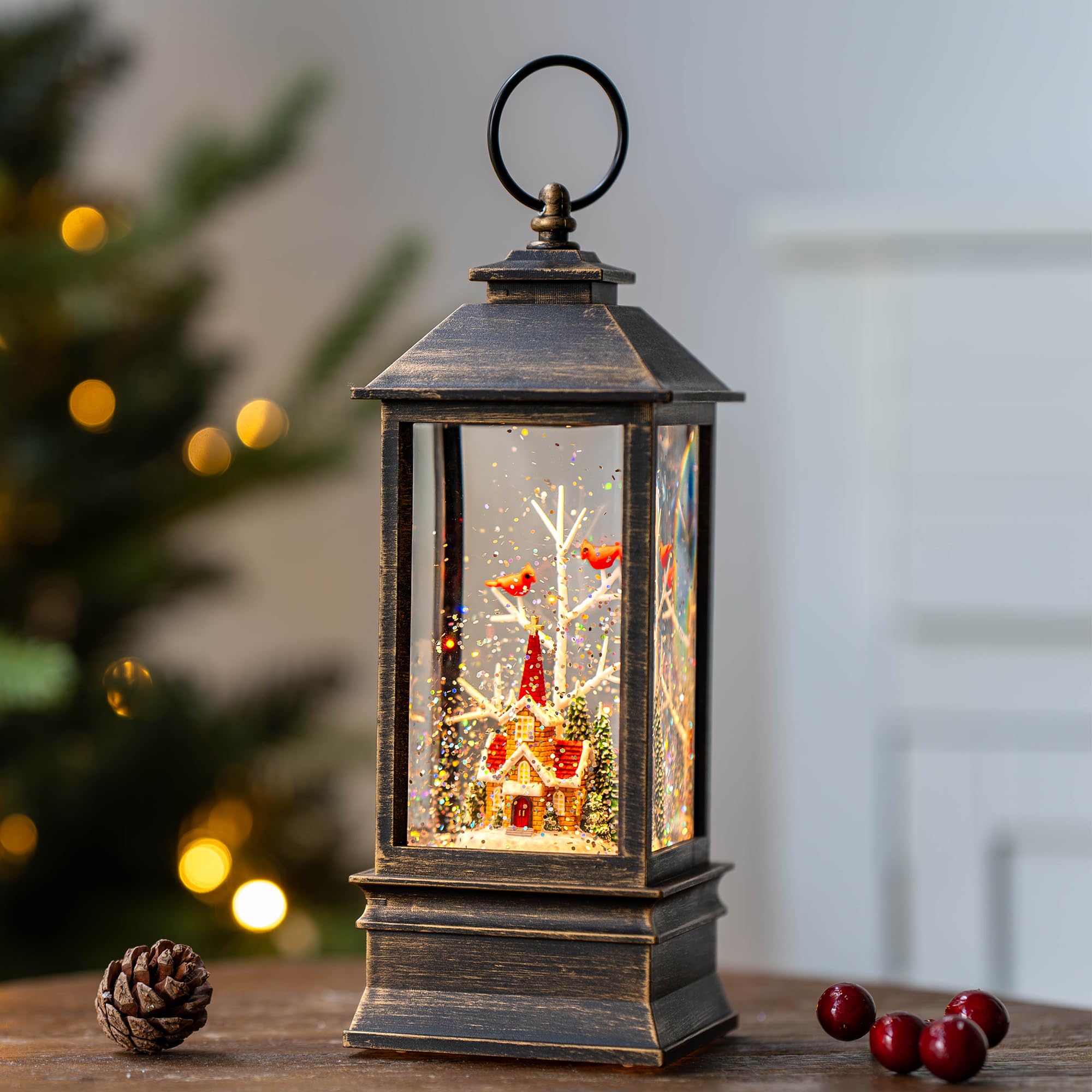 Halloween Snow Globe Lantern Water Glittering Spooky Witch' s Black Cat in Pumpkins with Music, USB Lined/Battery Operated Lighted Lantern for Halloween Festival Decoration Gifts - Halloween Happy