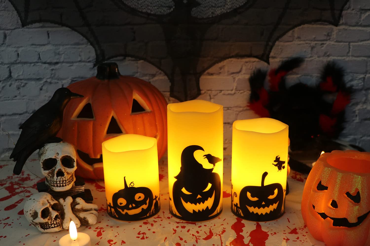 Eldnacele Halloween LED Flameless Flickering Candles Battery Operated with 6H Timer Skull Spider Web Crow Raven Spooky Decals Halloween Themed Indoor Decoration(3 Pack, D3 x H6) - Halloween Happy