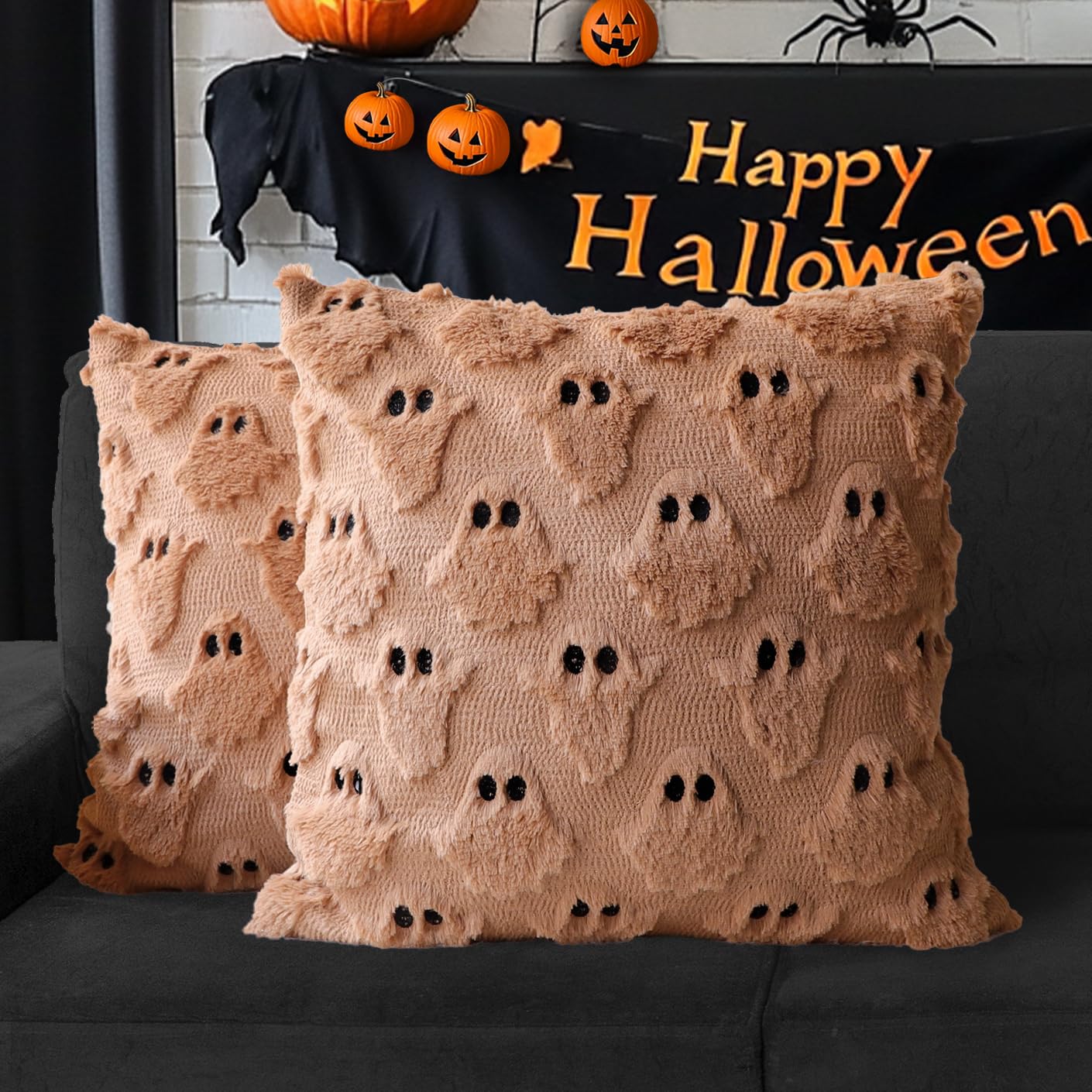 4TH Emotion Halloween Ghost Decorative Pillow Covers 18x18 Set of 2, White Soft Plush Faux Fur Farmhouse Throw Cushion Cases for Fall Autumn Holiday Home Decorations - Halloween Happy