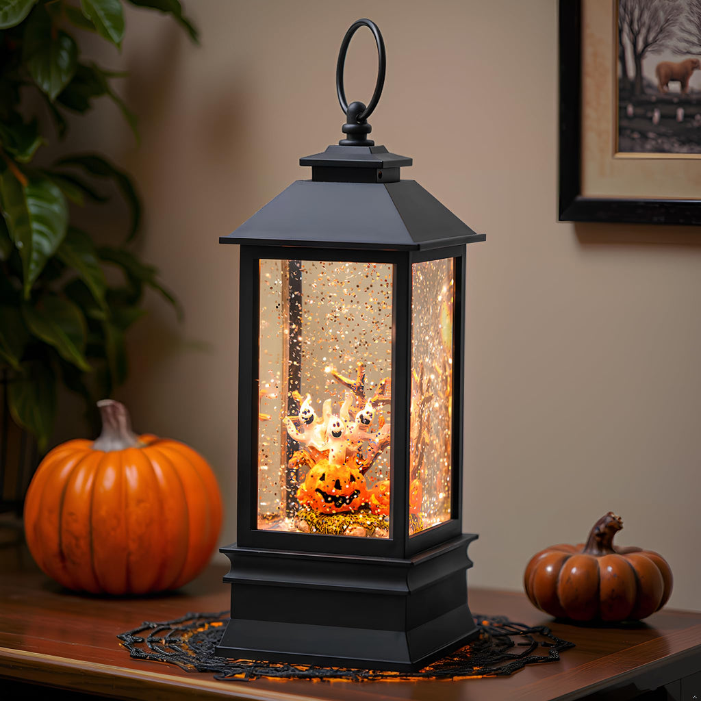Halloween Snow Globe Lantern Water Glittering Spooky Witch' s Black Cat in Pumpkins with Music, USB Lined/Battery Operated Lighted Lantern for Halloween Festival Decoration Gifts - Halloween Happy