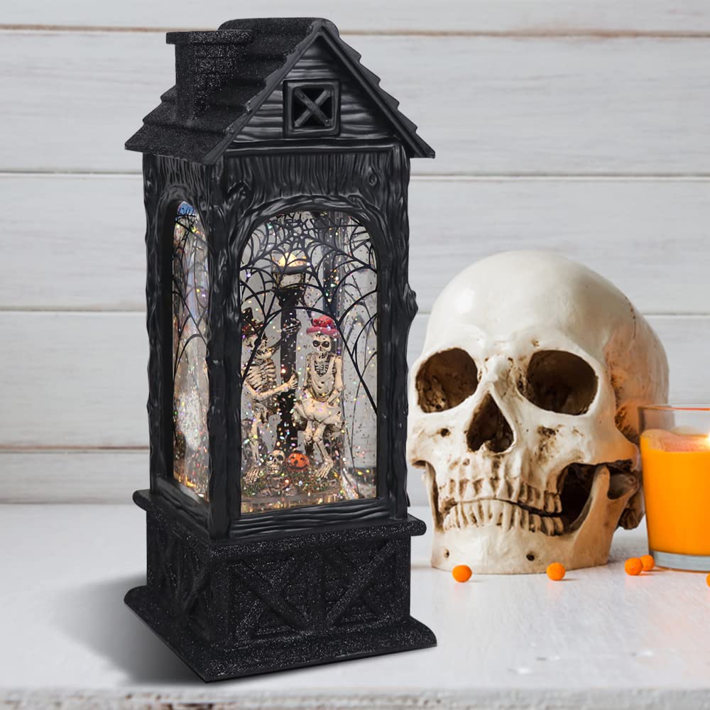 Eldnacele Halloween Ghost Projection Snow Globe Lantern with 6 - Hour Timer, Lighted Plug - in & Battery Operated Water Glittering Snowing Globe Lamp for Spooky Fall Halloween Indoor Decoration(Skeleton) - Halloween Happy