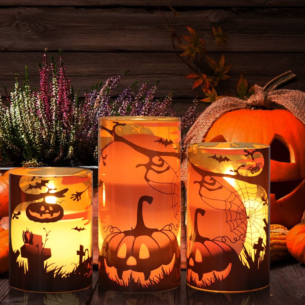 Eldnacele Halloween LED Flameless Flickering Candles Battery Operated with 6H Timer Skull Spider Web Crow Raven Spooky Decals Halloween Themed Indoor Decoration(3 Pack, D3 x H6) - Halloween Happy