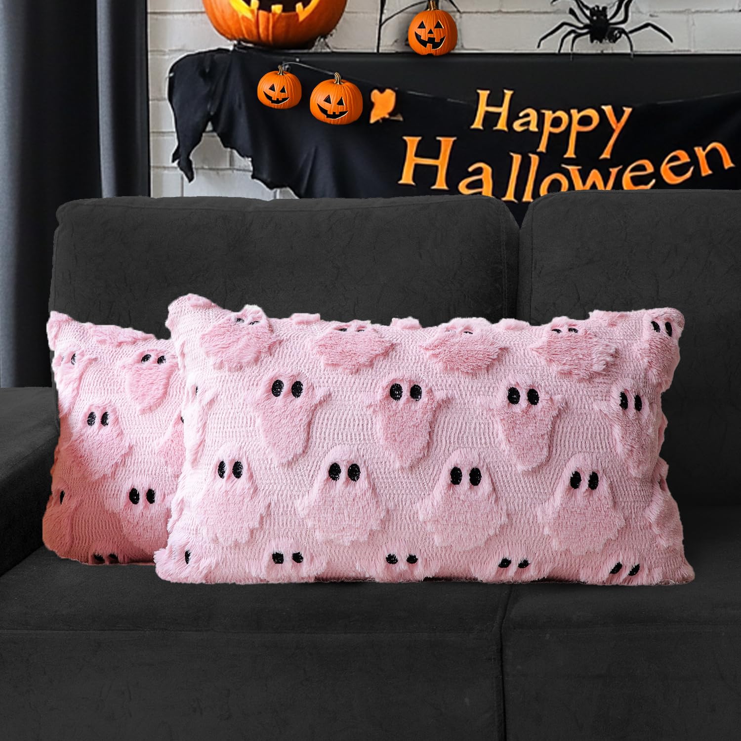 4TH Emotion Halloween Ghost Decorative Pillow Covers 18x18 Set of 2, White Soft Plush Faux Fur Farmhouse Throw Cushion Cases for Fall Autumn Holiday Home Decorations - Halloween Happy