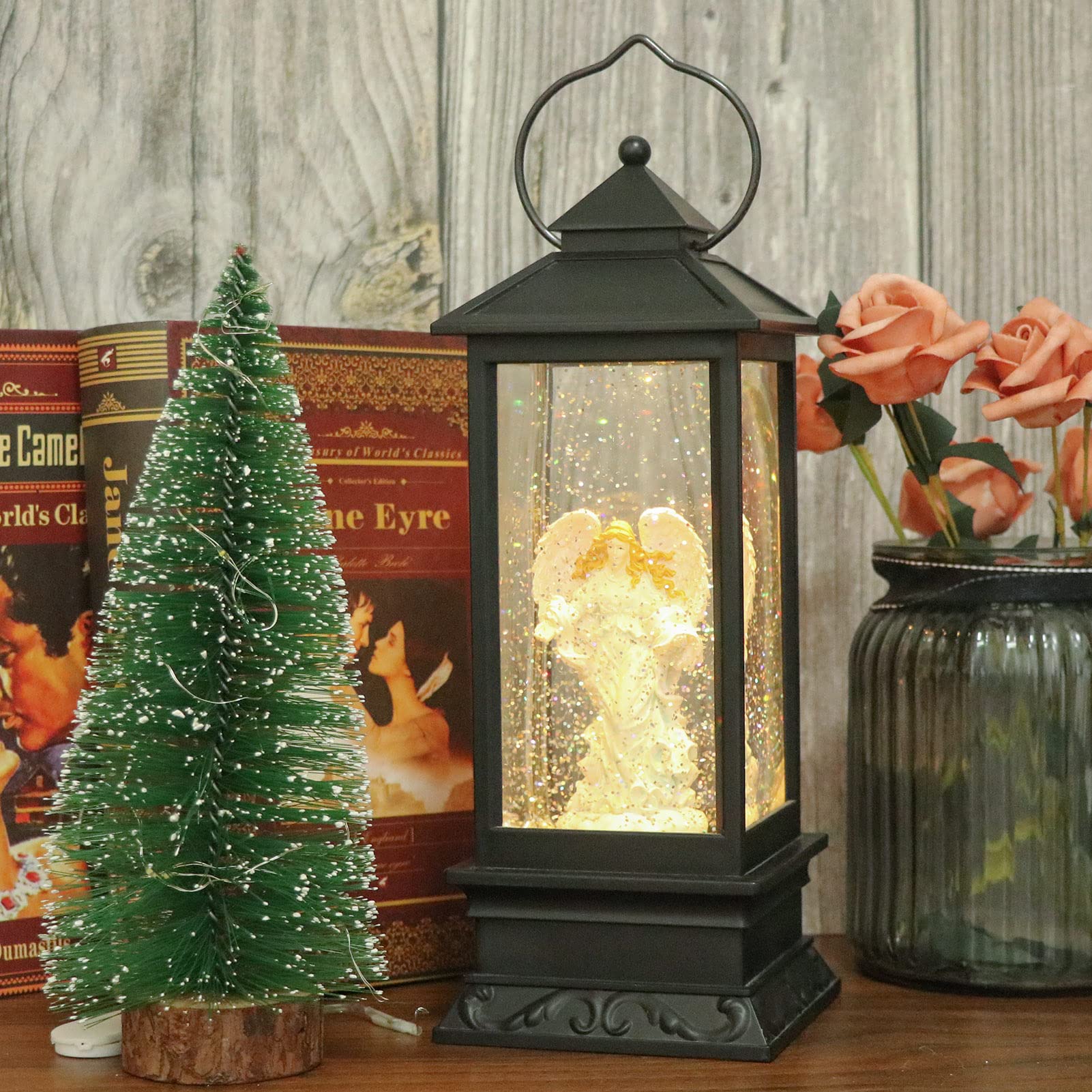 Eldnacele Halloween Ghost Projection Snow Globe Lantern with 6 - Hour Timer, Lighted Plug - in & Battery Operated Water Glittering Snowing Globe Lamp for Spooky Fall Halloween Indoor Decoration(Skeleton) - Halloween Happy