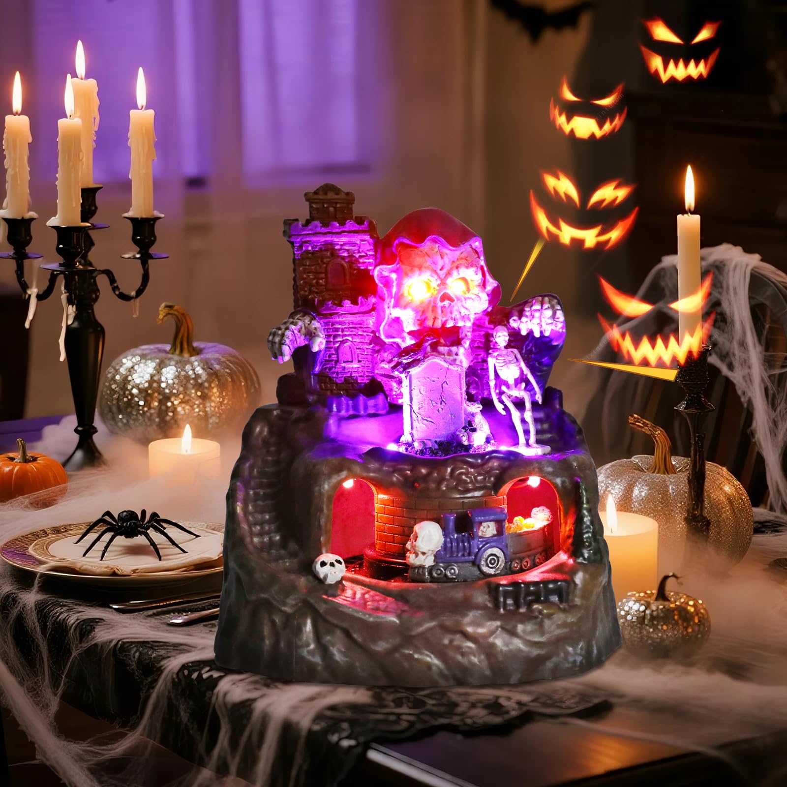 Halloween Village Houses Decorations, Lighted Haunted House with Animated Train and Scary Music, Resin Spooky Skull Village Collections for Holiday Party Table Indoor Home Decor - Halloween Happy