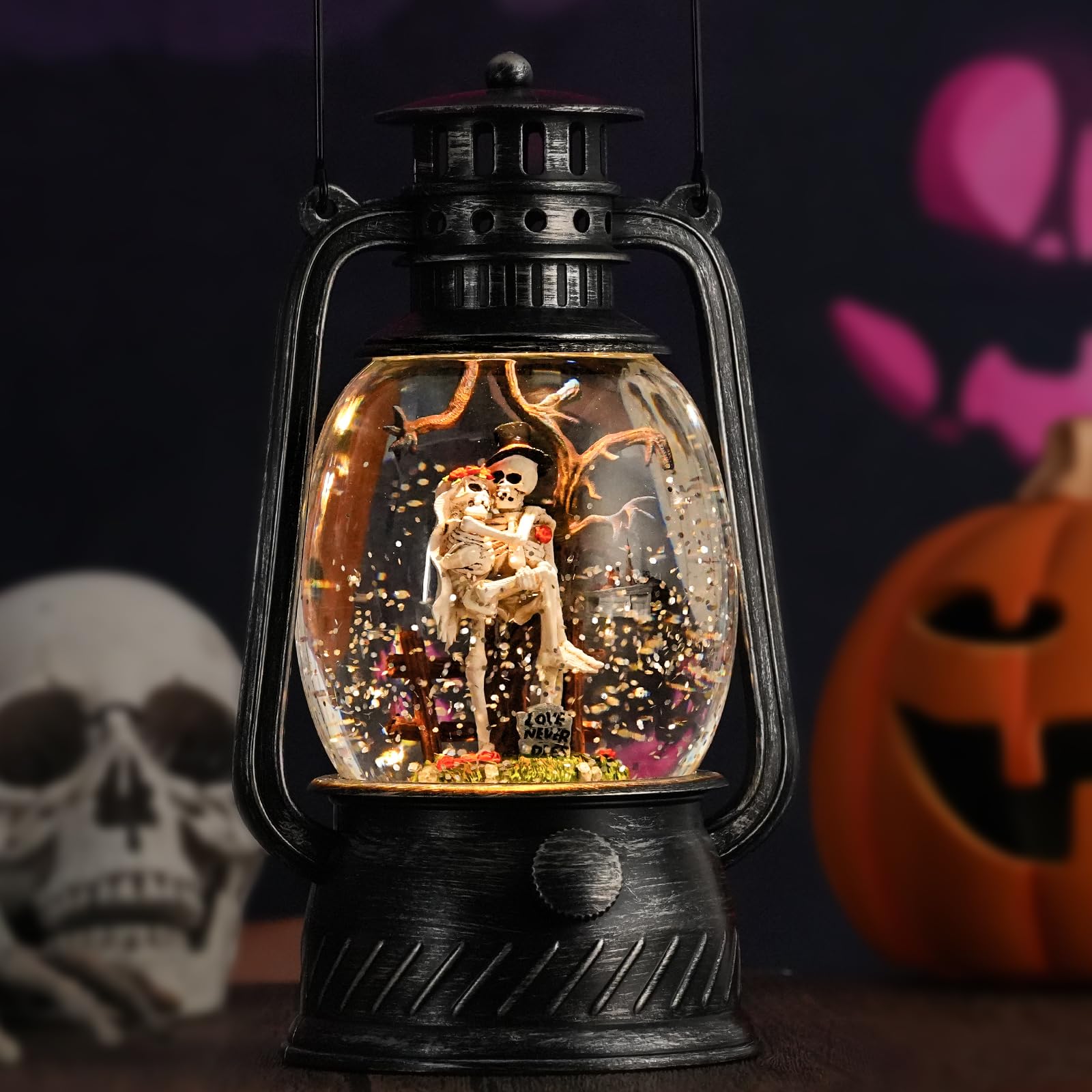 Halloween Snow Globe, Halloween Decorations Indoor Light Up Snow Globe Lantern with Music, 6H Timer, Love Never Dies Swirling Glitter Halloween Lantern for Halloween Home Decorations - Halloween Happy